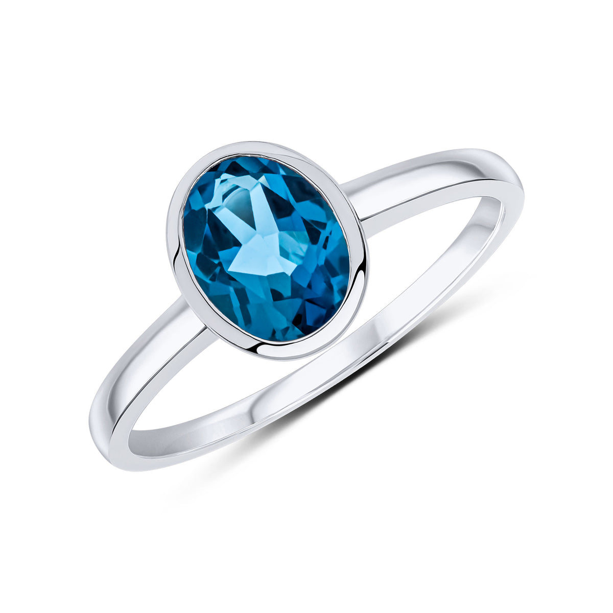 9ct White Gold 8x6 Oval London Blue Topaz Single Stone Rubover Ring