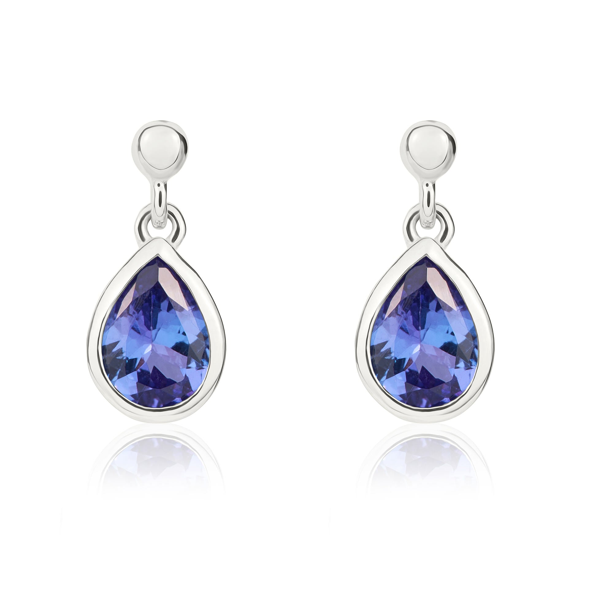9ct White Gold 6x4mm Pear Shape Tanzanite Rubover Drop Earrings with 2.5mm Bead Top
