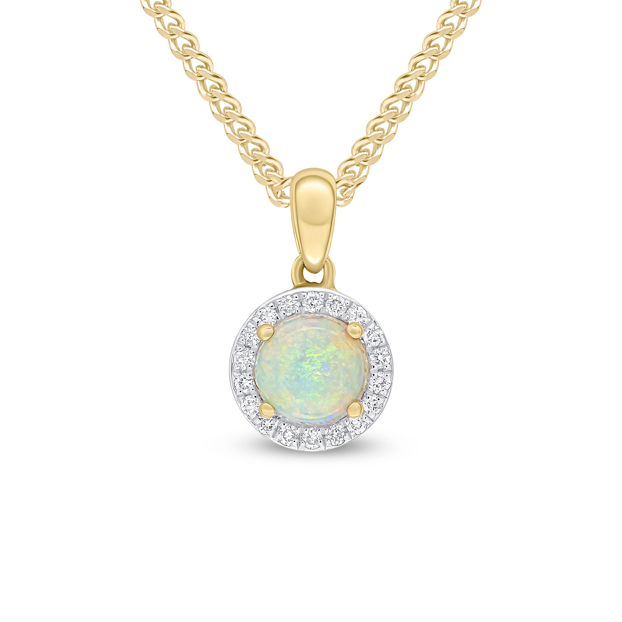 18ct Yellow Gold 5.5mm Round Opal & Diamond Claw Set Cluster Pendant Rhodium to Diamonds