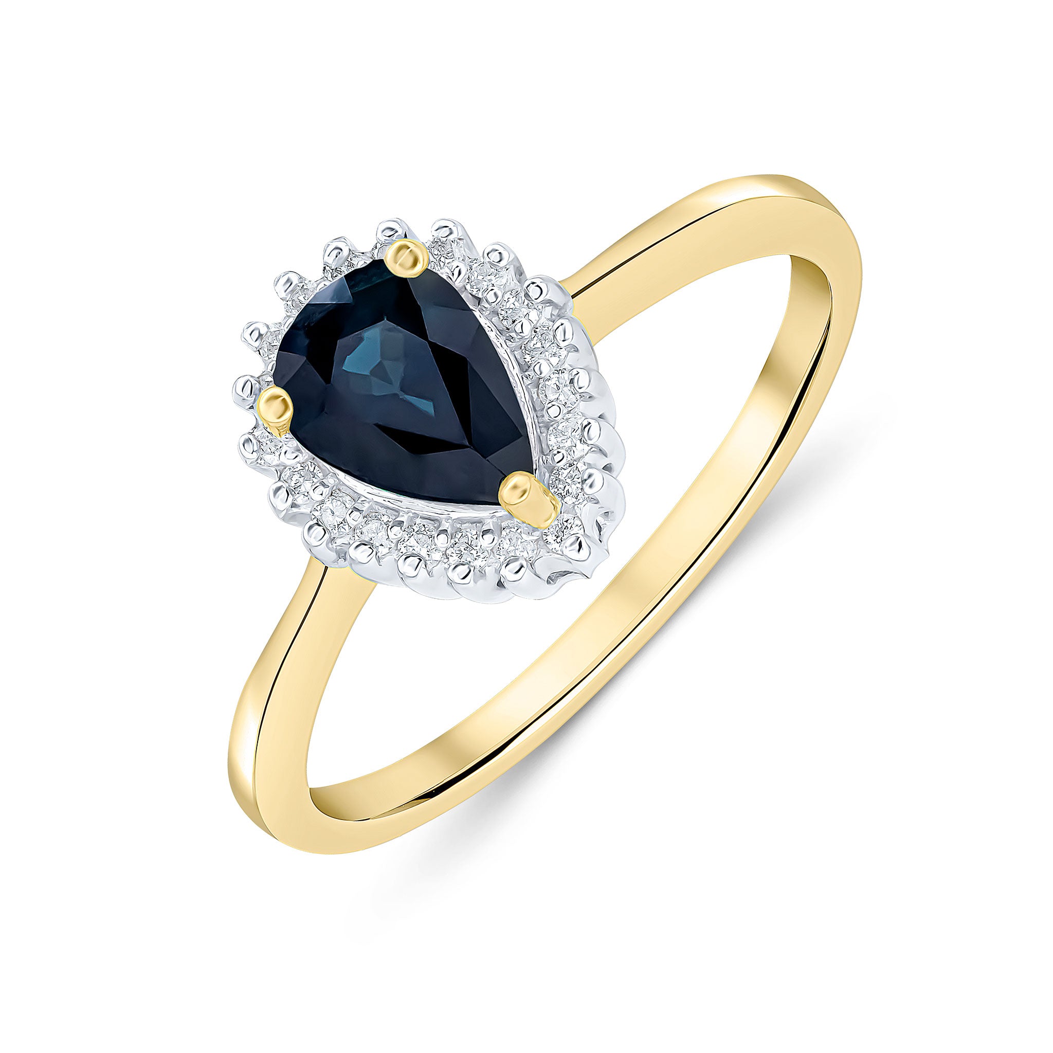 9ct Yellow Gold 7x5mm Pear Shape Sapphire & Diamond Claw Set Cluster Ring Rhodium to Diamonds