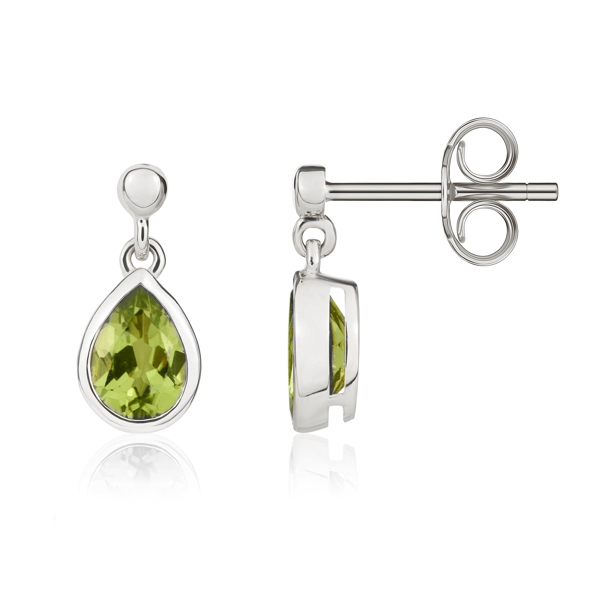9ct White Gold 6x4mm Pear Shape Peridot Rubover Drop Earrings with 2.5mm Bead Top