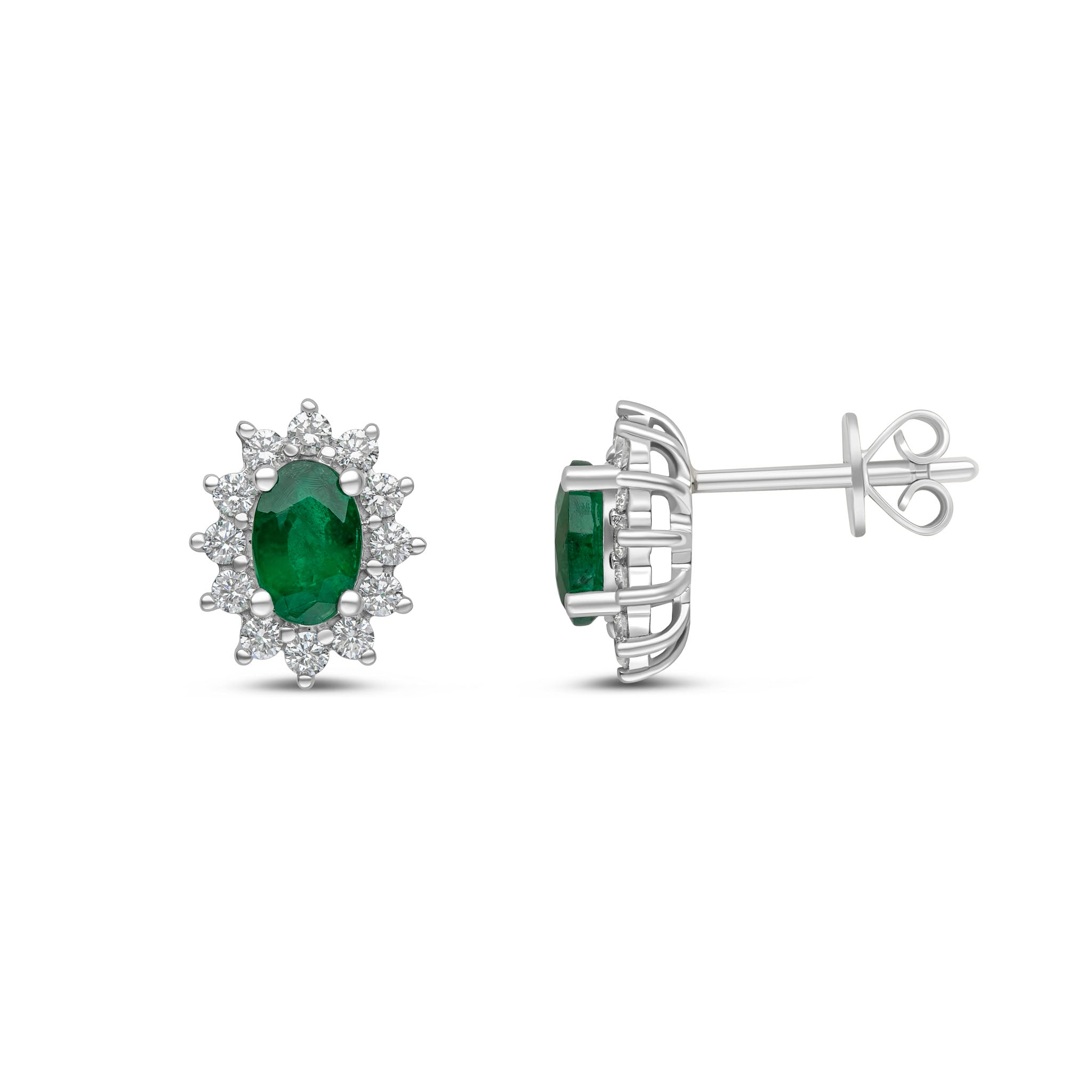 18ct White Gold Oval Emerald & Diamond Claw Cluster Earrrings