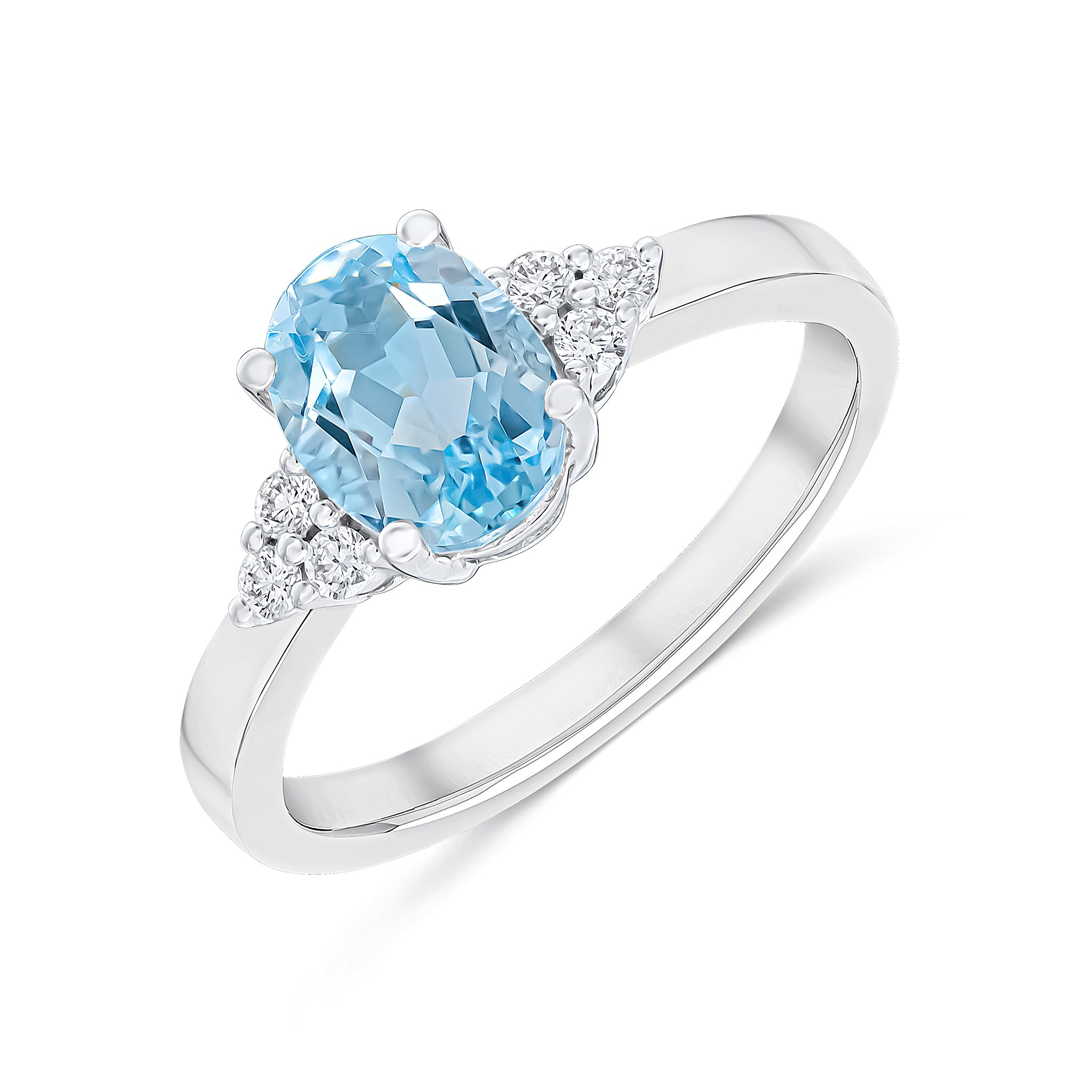 18ct White Gold 8x6mm Oval Aquamarine and Diamond Trefoil Shoulders Claw Set Ring