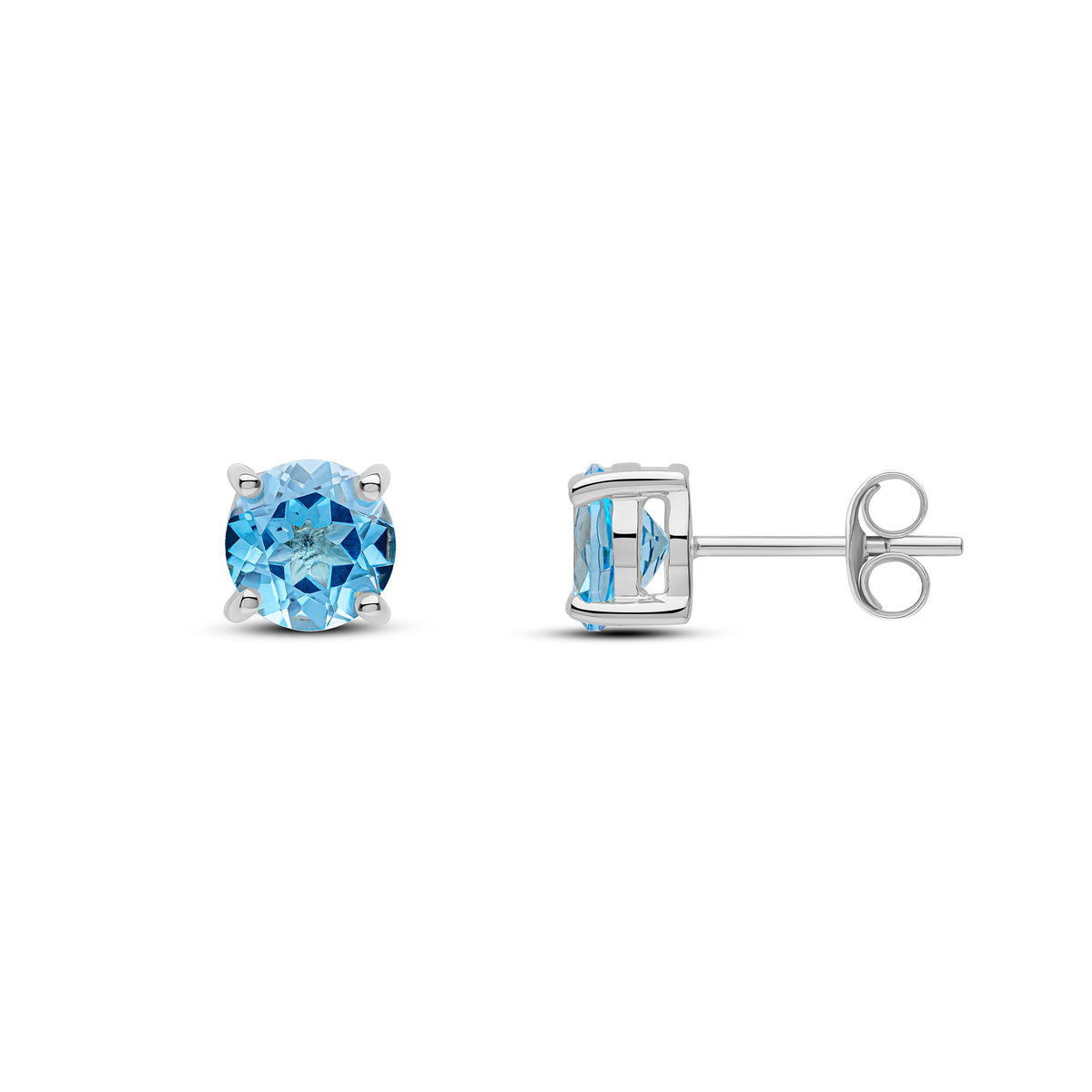 9ct White Gold 6mm Round Swiss Blue Topaz 4 Claw Earrings