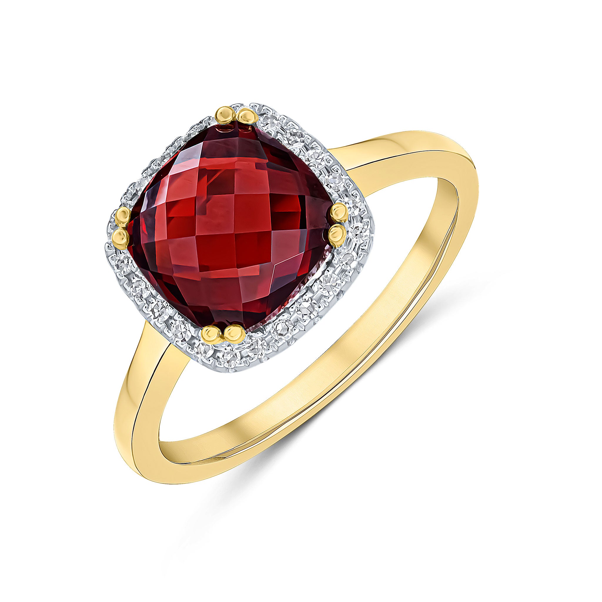 9ct Yellow Gold 8mm Checkerboard Cut Cushion Garnet and Round Diamond Claw Set Cluster Ring