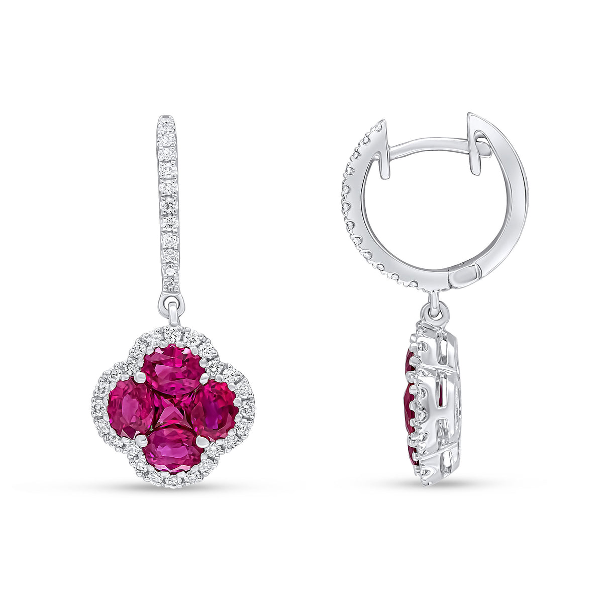 18ct White Gold Round Diamond Claw Set Hoop with Ruby and Diamond Quatrefoil Cluster Drop Earrings