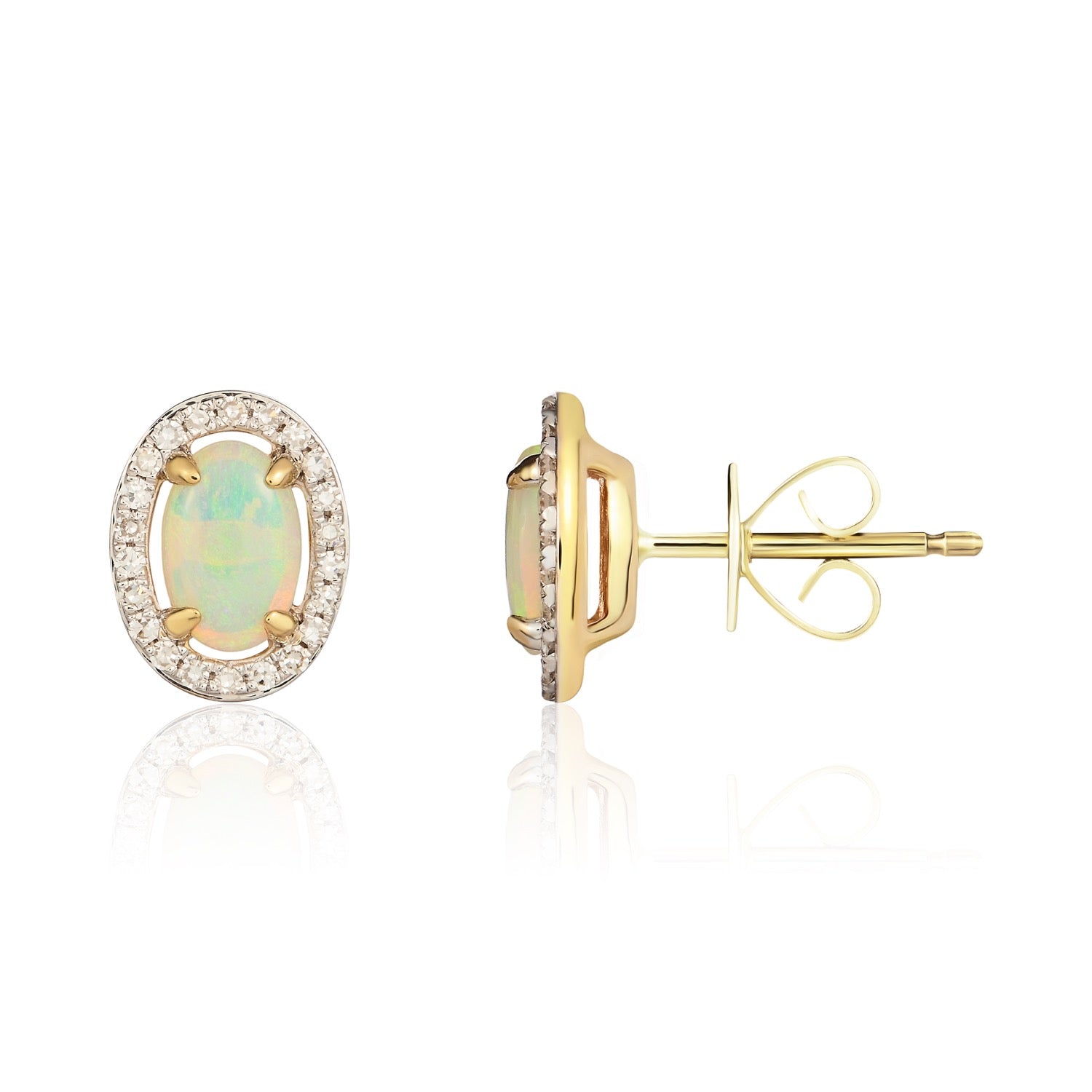 9ct Yellow Gold 6x4 Oval Opal & Round Diamond Claw Set Cluster Earrings Rhodium to Diamonds