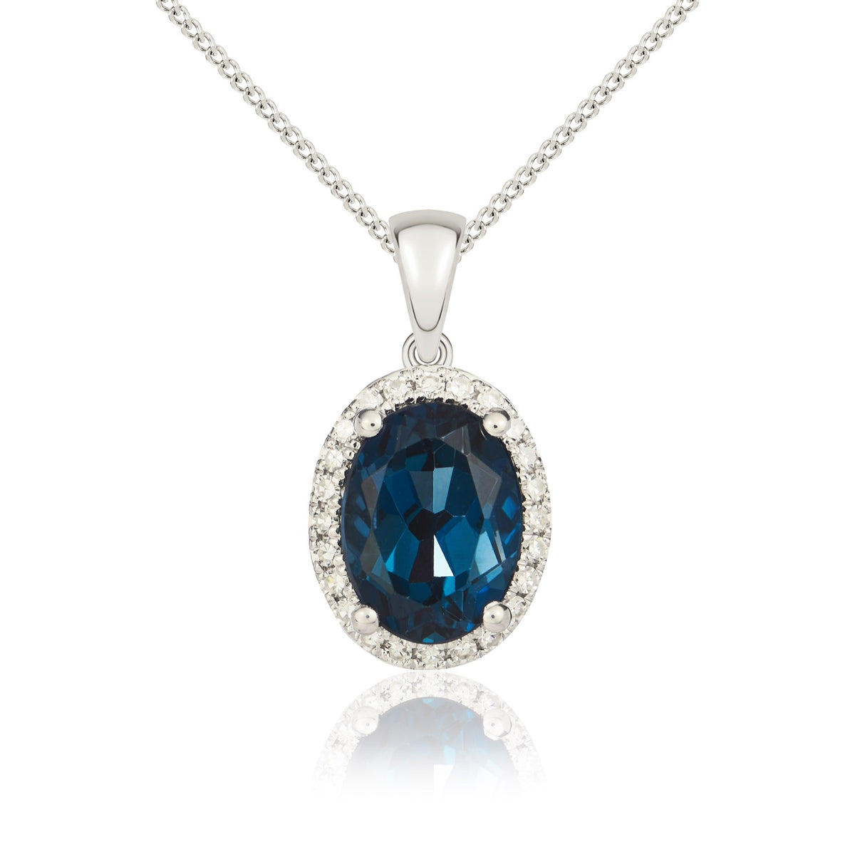 9ct White Gold Oval London Blue Topaz & Diamond Cluster Pendant