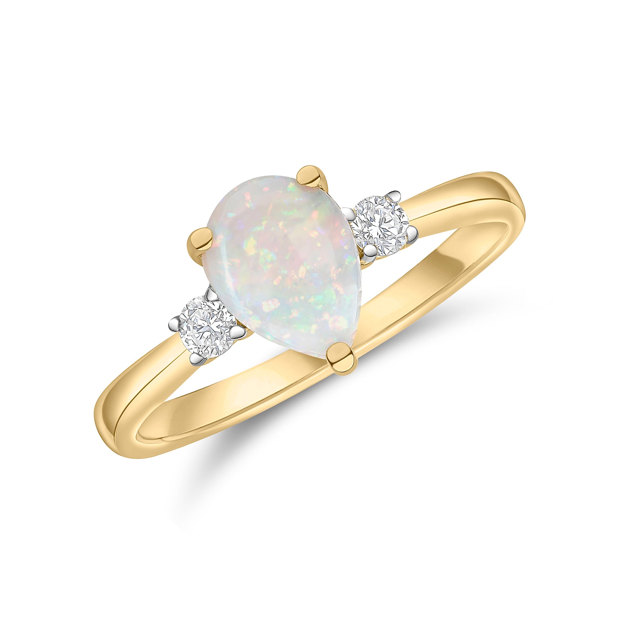 18ct Yellow Gold 8x6 Pear Shape Opal & Round Diamond Claw Set 3 Stone Ring Rhodium to Diamonds