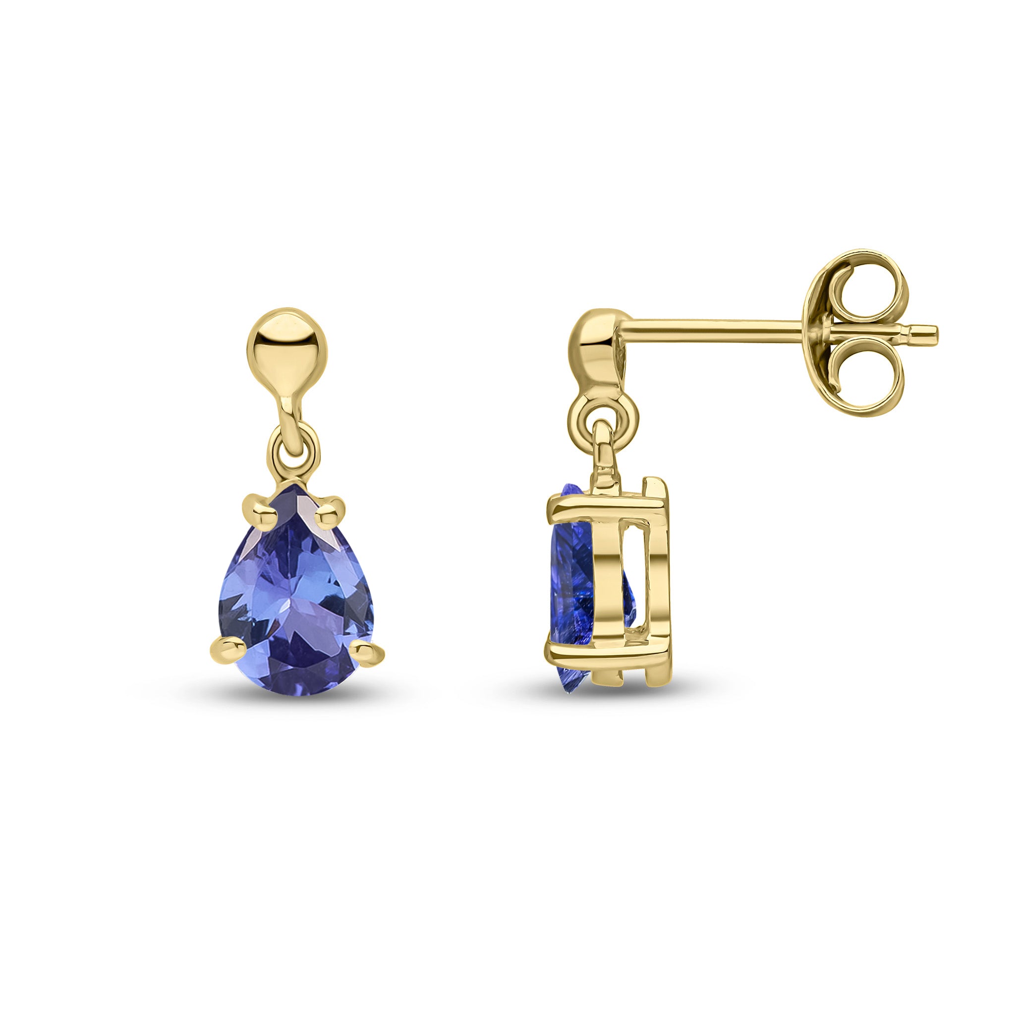 9ct Yellow Gold 7x5 Pear Shape Tanzanite Claw Set Drop Earrings with Bead Top