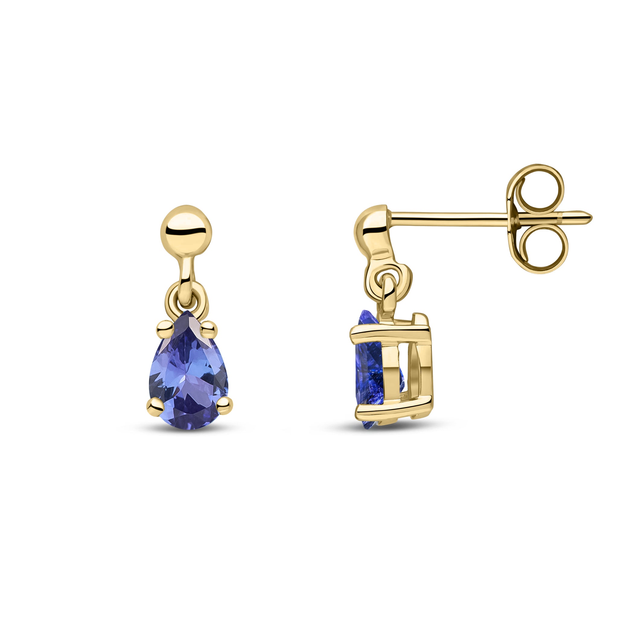 9ct Yellow Gold 6x4 Pear Shape Tanzanite Claw Set Drop Earrings with Bead Stud Top