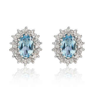 9ct white gold 6 x 4 mm oval aquamarine & diamond Claw Set cluster Earrings