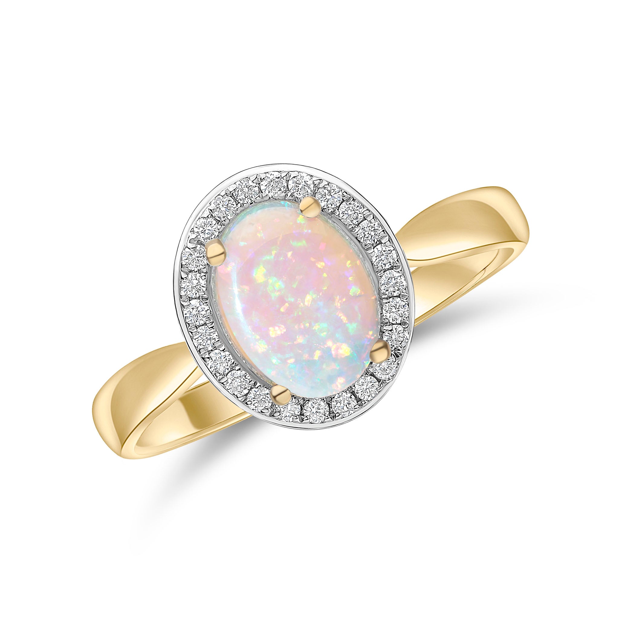 18ct Yellow Gold Claw Set 9x7 Oval Opal & Grain Set Round Diamond Cluster Ring Rhodium to Diamonds