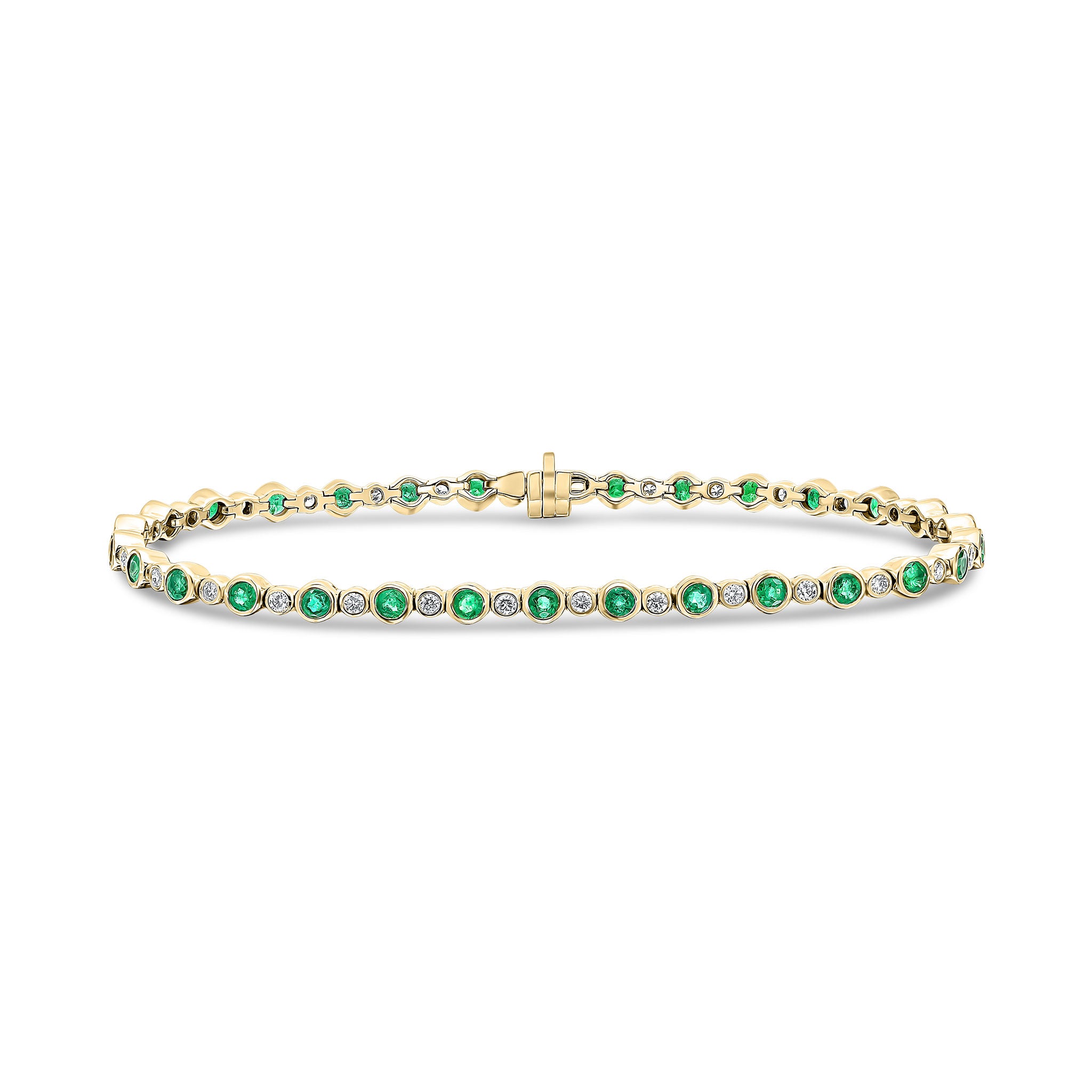 18ct Yellow Gold Round Emerald and Diamond Rubover Line Bracelet