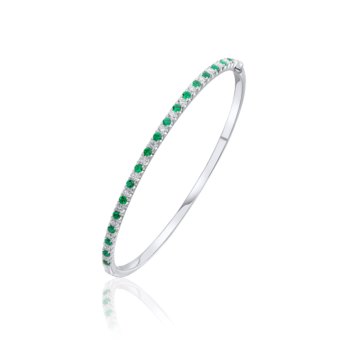 18ct White Gold Round Emerald & Diamond Claw Set Hinged Bangle