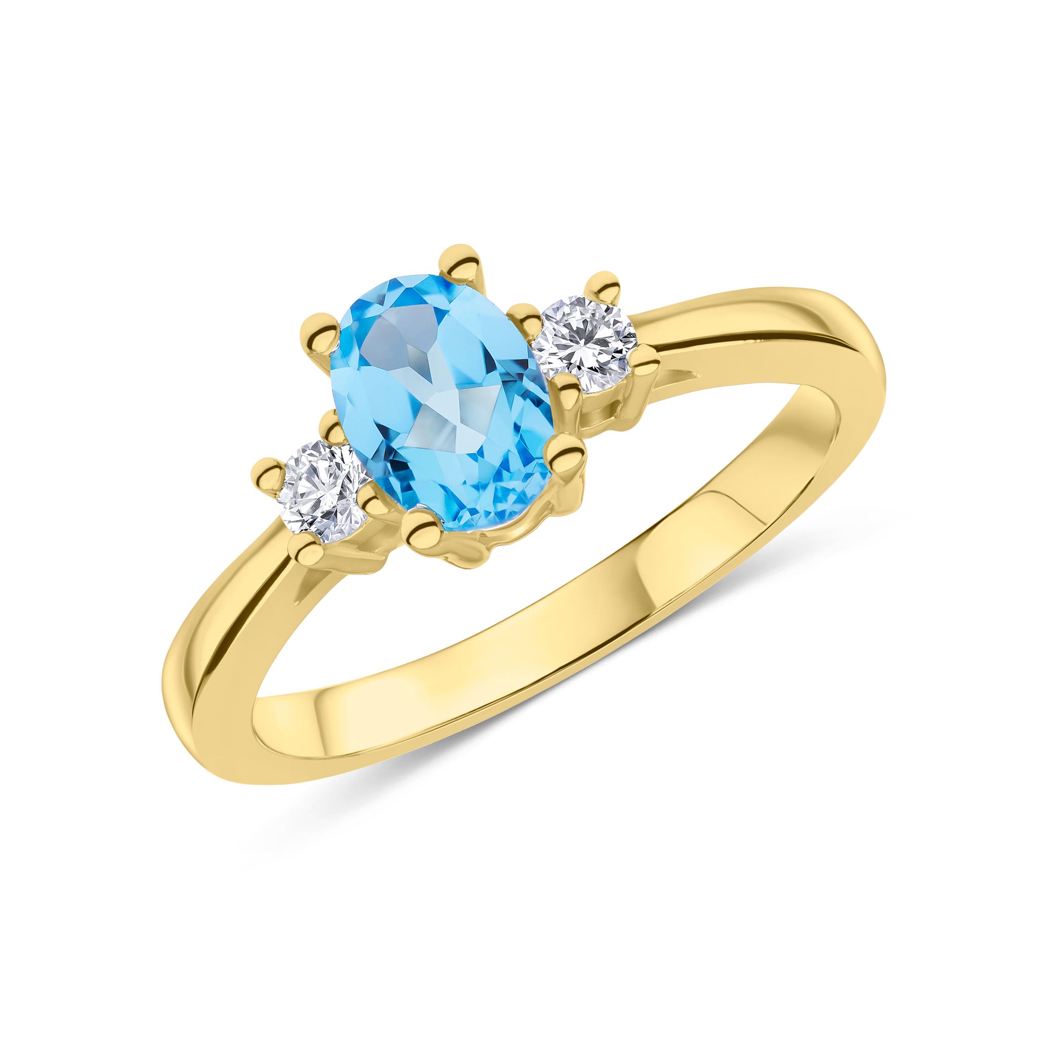 9ct Yellow Gold 7x5 Oval Swiss Blue Topaz and Round Diamond Claw Set 3 Stone Ring Rhodium to Diamonds