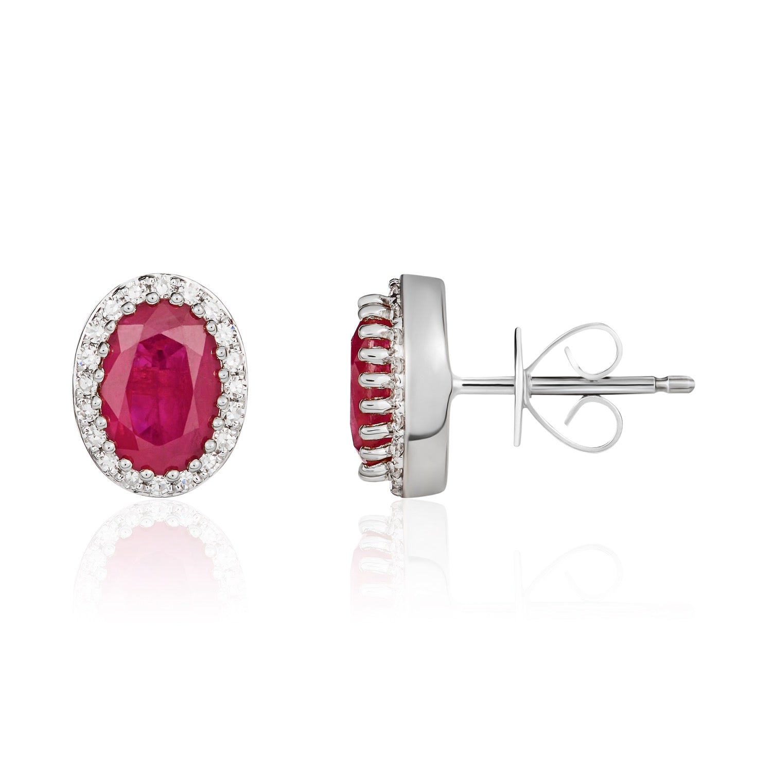 18ct White Gold 7x5 Oval Ruby & Diamond Claw Set Cluster Earrings