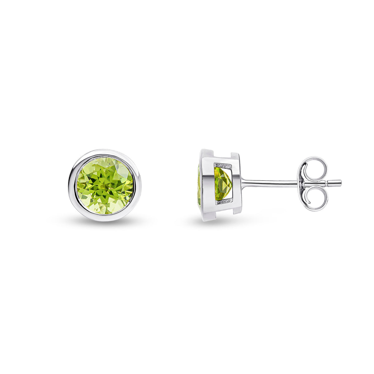 9ct White Gold 6mm Round Peridot Rubover Earrings