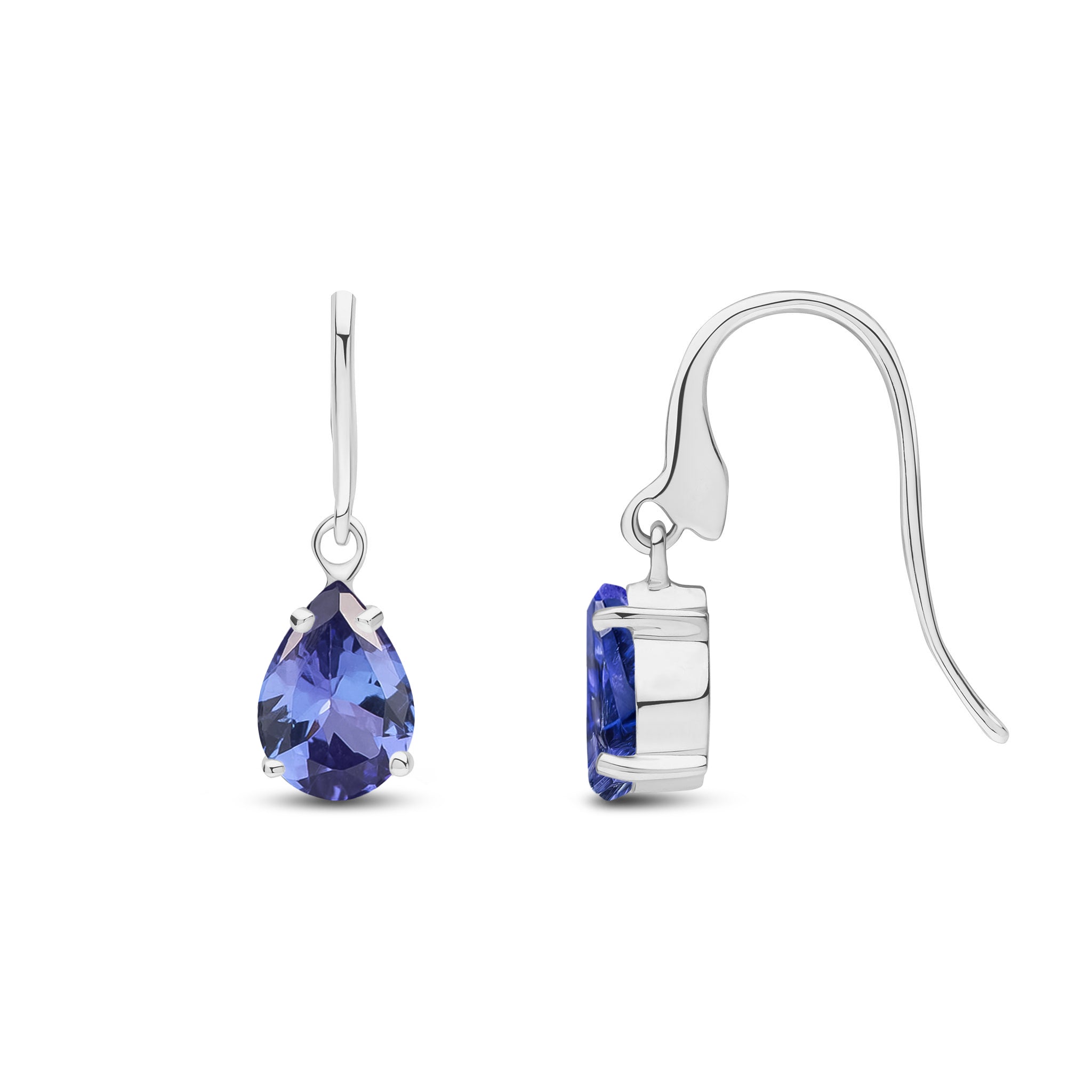 9ct White Gold 7x5mm Pear Shape Tanzanite Claw Set Wire Hook Drop Earrings