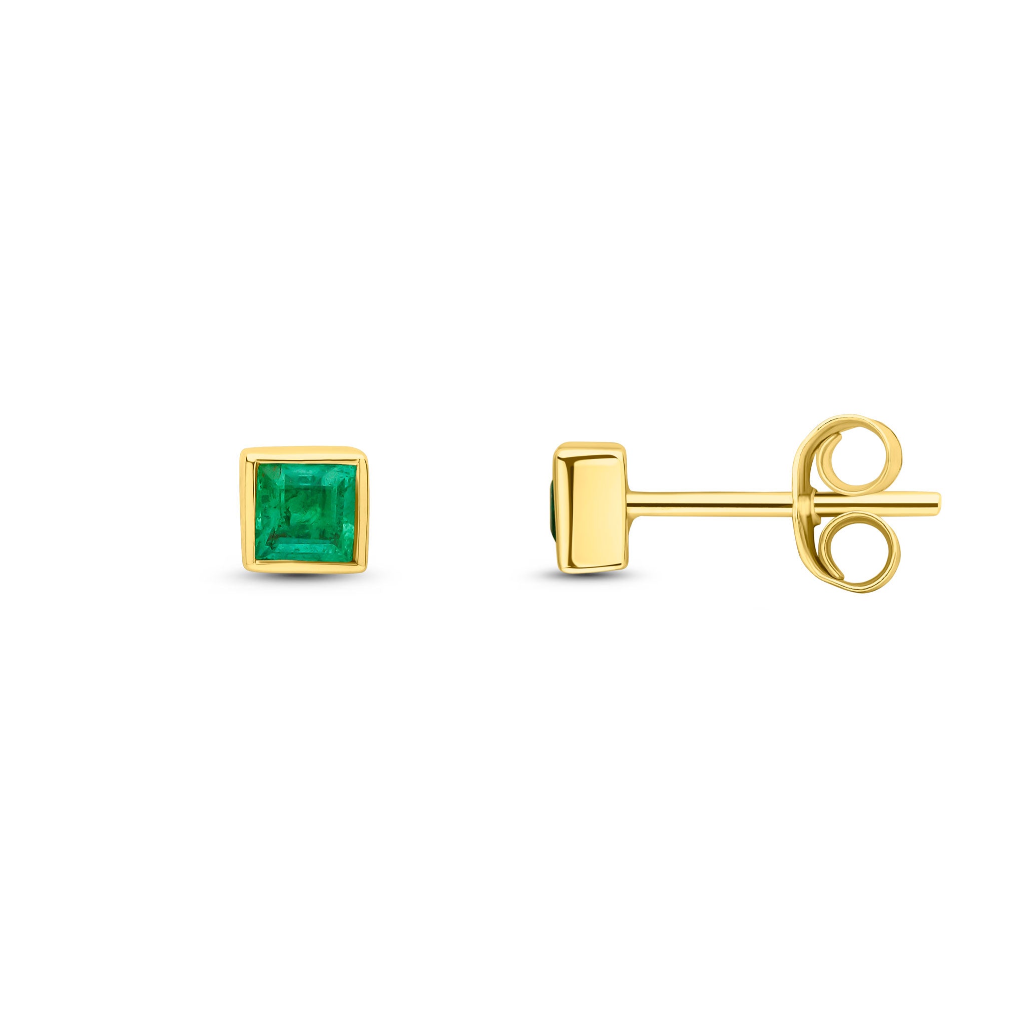 9ct Yellow Gold 3mm Square Emerald Rubover Set Earrings