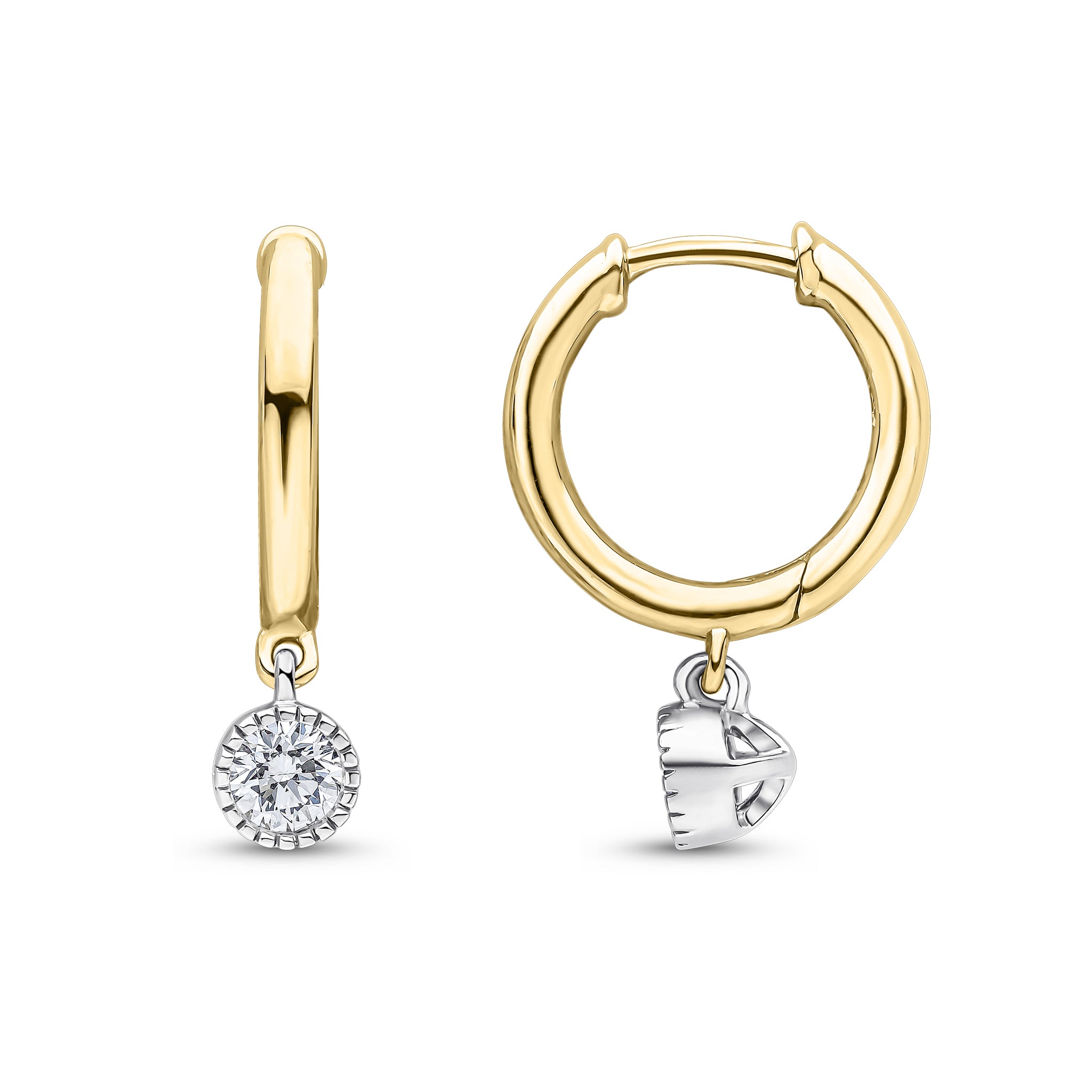 18ct Yellow Gold Plain Hoop with White Gold Milgrain Set Round Diamond Drop 0.30ct