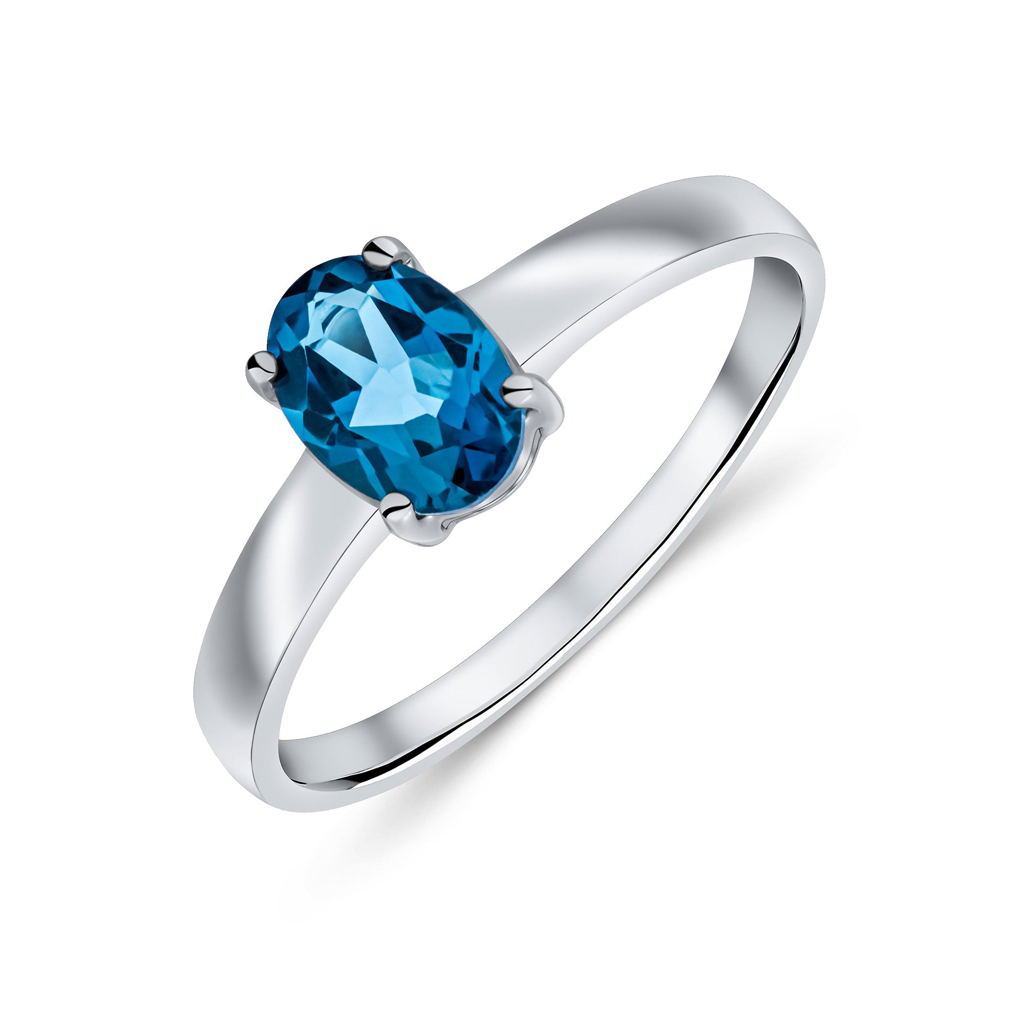 9ct White Gold 7x5 Oval London Blue Topaz Claw Set Single Stone Ring