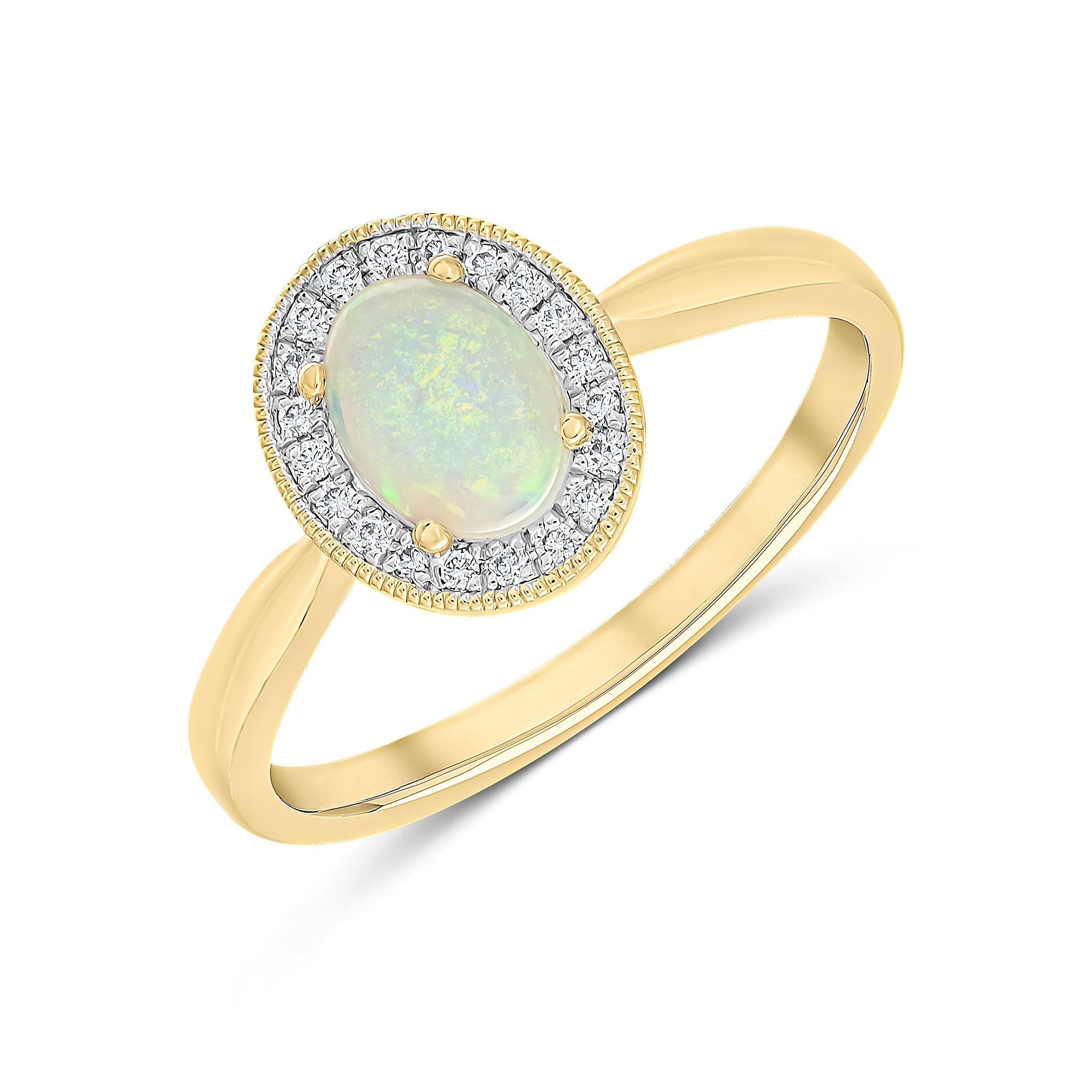 18ct Yellow Gold Claw Set 7x5mm Oval Opal and Diamond Cluster Ring Milgrain Edge