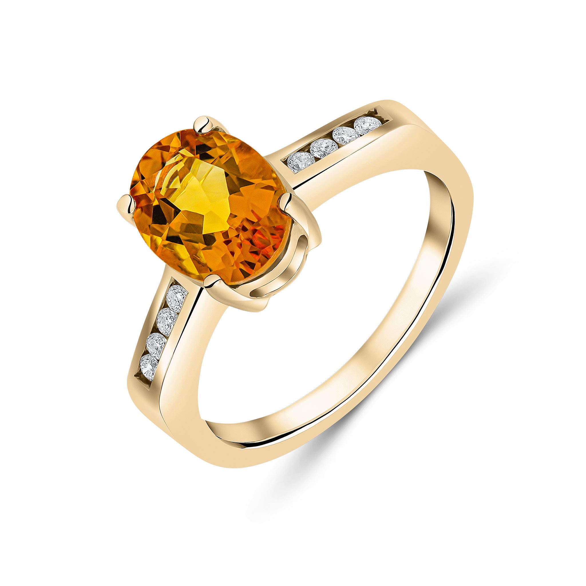 9ct Yellow Gold 9x7mm Claw Set Oval Citrine Single Stone Ring with Channel Set Diamond Shoulders