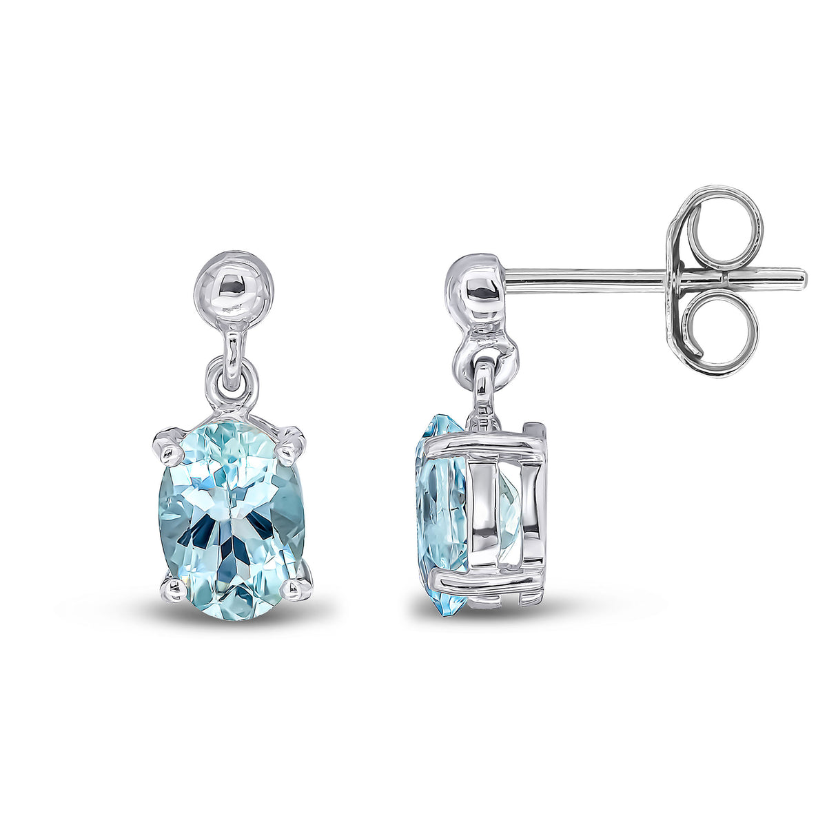 9ct White Gold 7x5 Oval Aquamarine Claw Set Drop Earrings with Bead Top