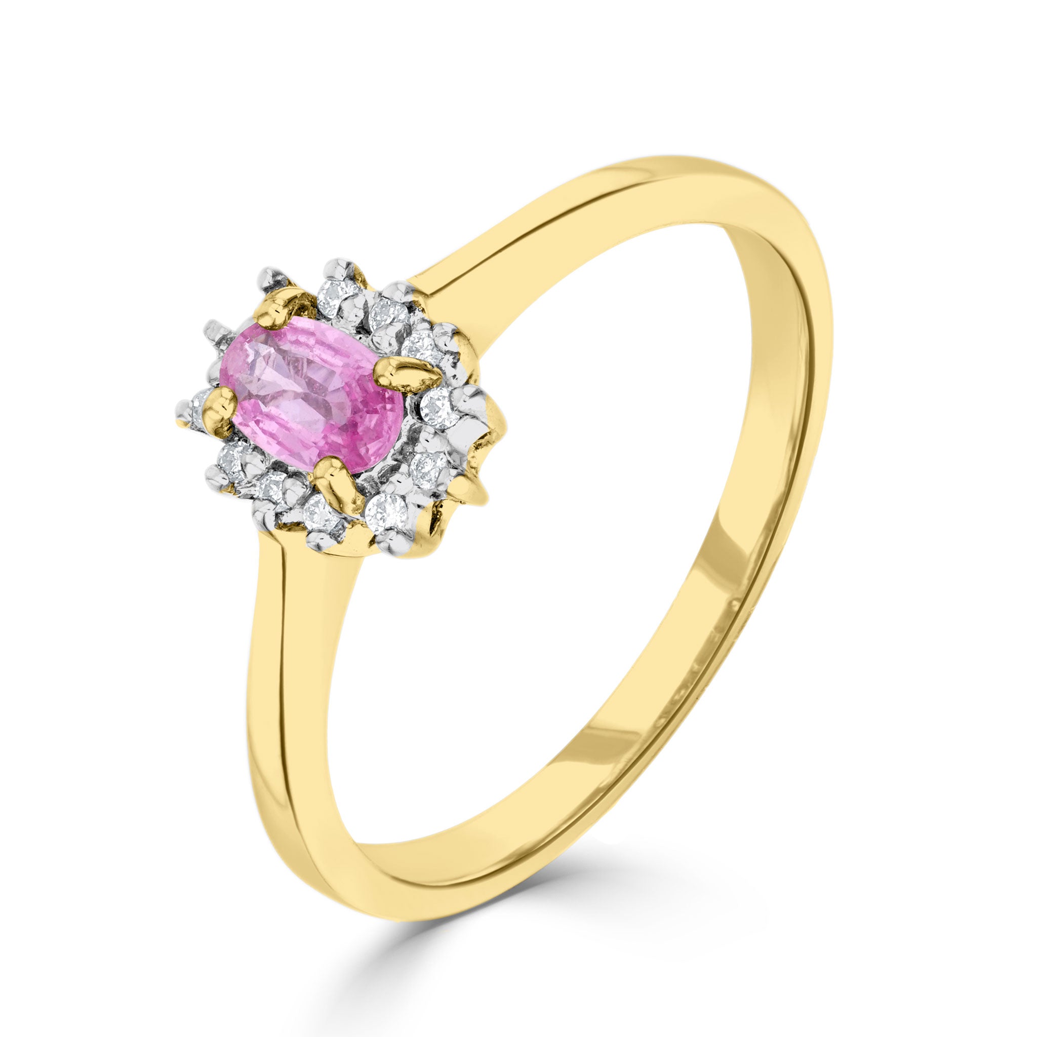 9ct Yellow Gold 5x3 Oval Pink Sapphire & Diamond Claw Set Cluster Ring Rhodium to Diamonds