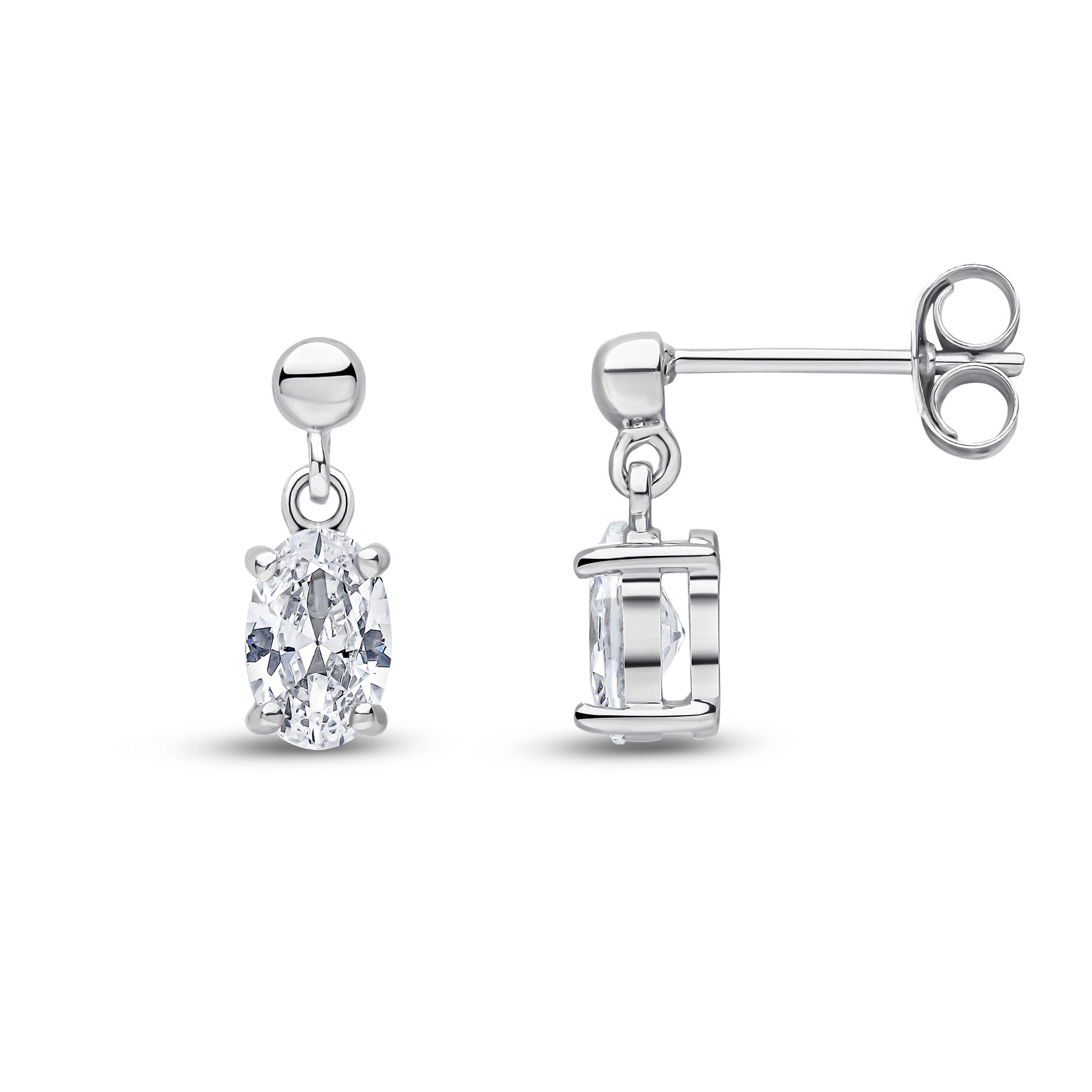 9ct White Gold 6x4 Oval CZ Claw Set Drop Earrings with Bead Top