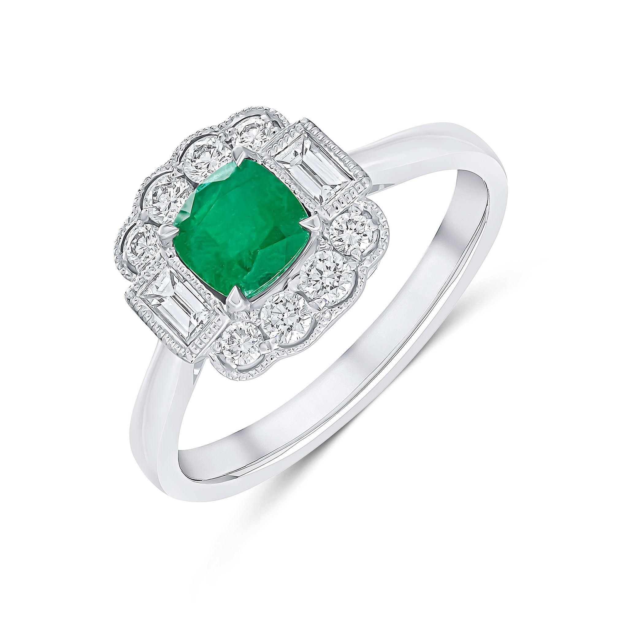 18ct White Gold Cushion Emerald and Baguette and Round Diamond Milgrain Cluster Ring