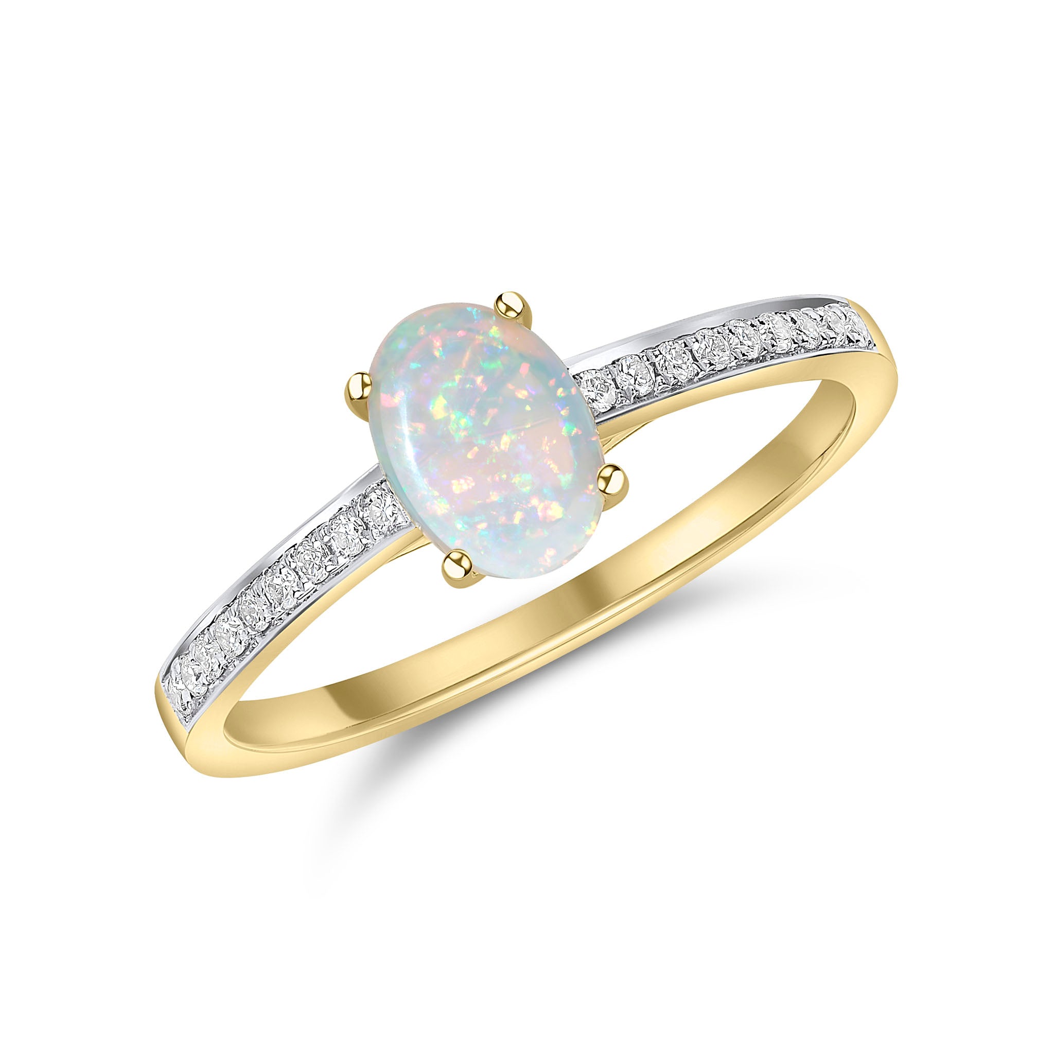 18ct Yellow Gold 7x5 Oval Opal Single Stone Ring with Diamond Set Shoulders Rhodium to Diamonds