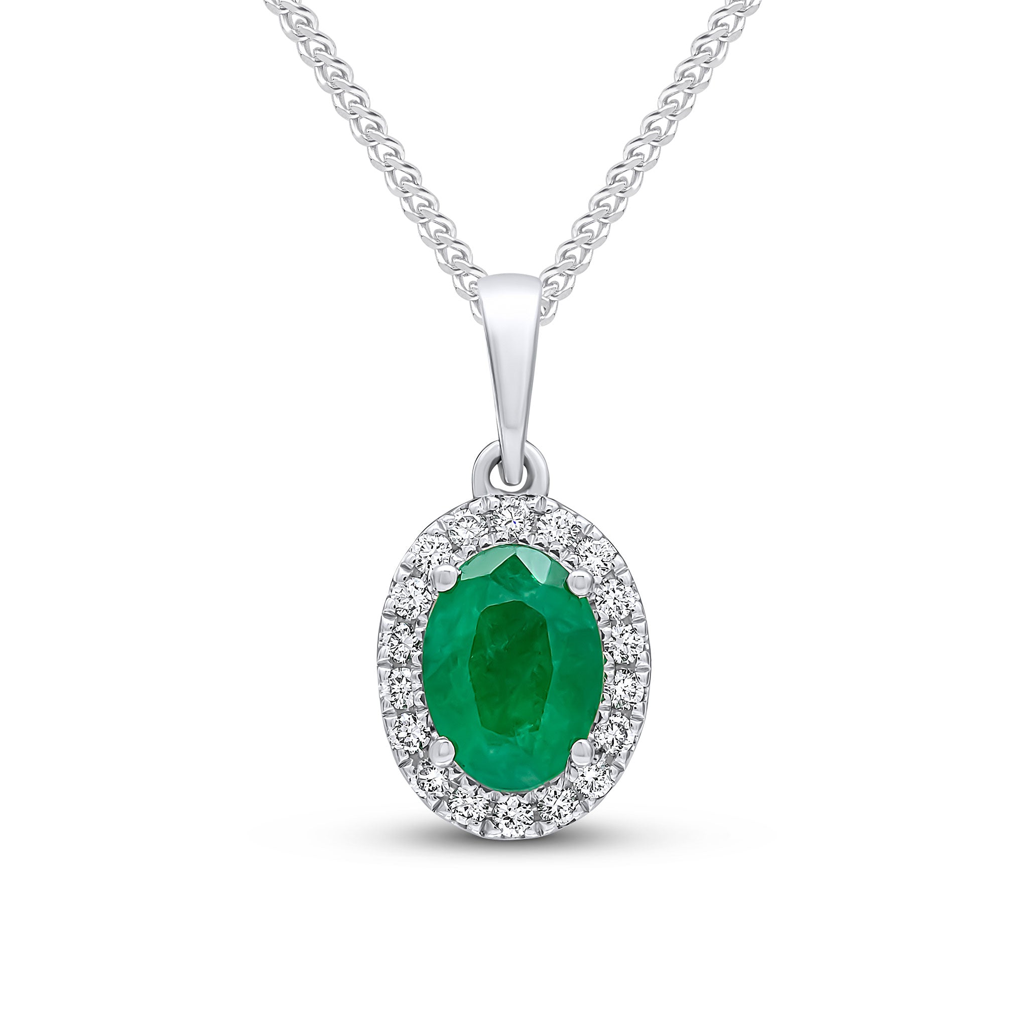 18ct White Gold 7x5 Oval Emerald & Diamond Claw Cluster Pendant