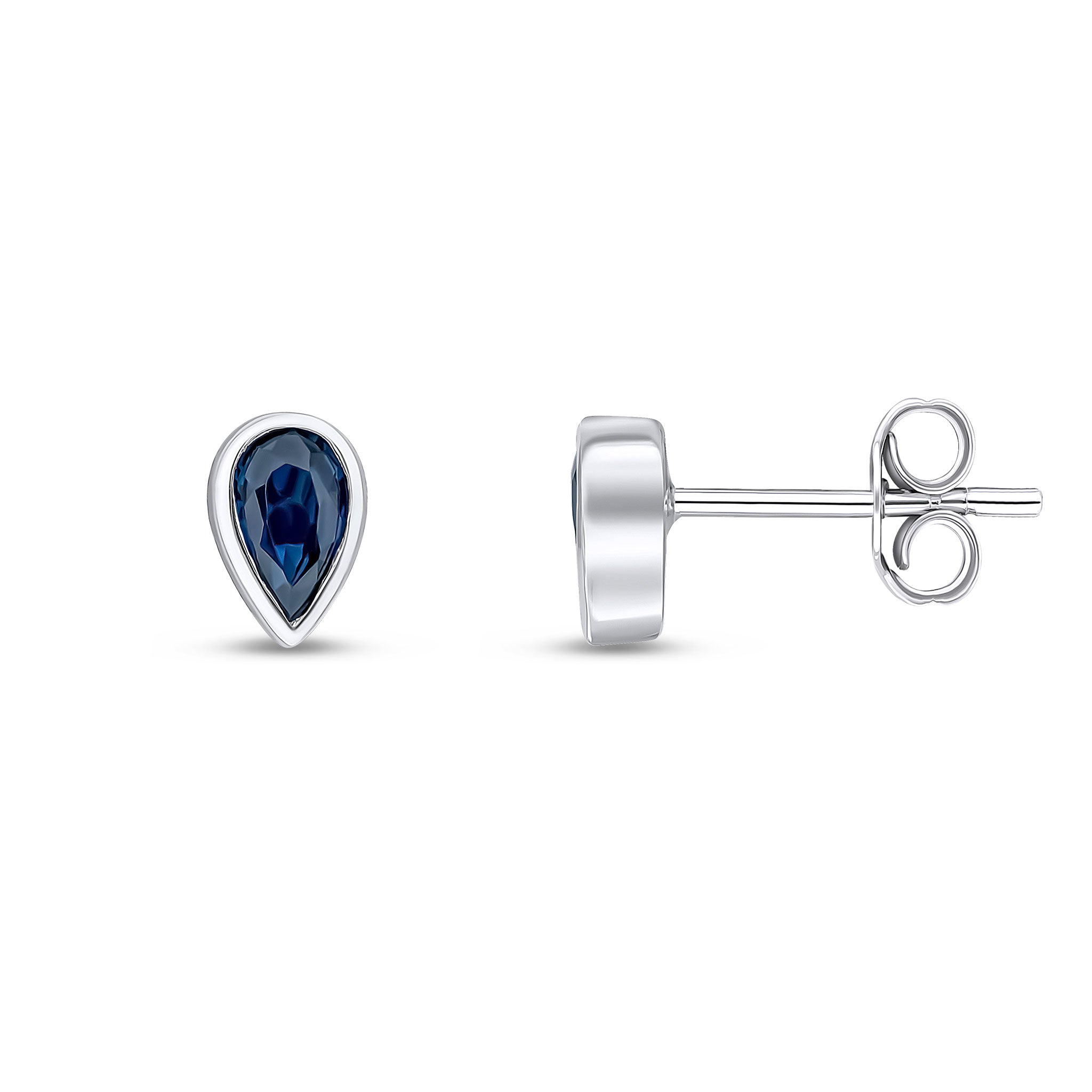 9ct White Gold Pear Shaped Blue Sapphire Rubover Stud Earrings