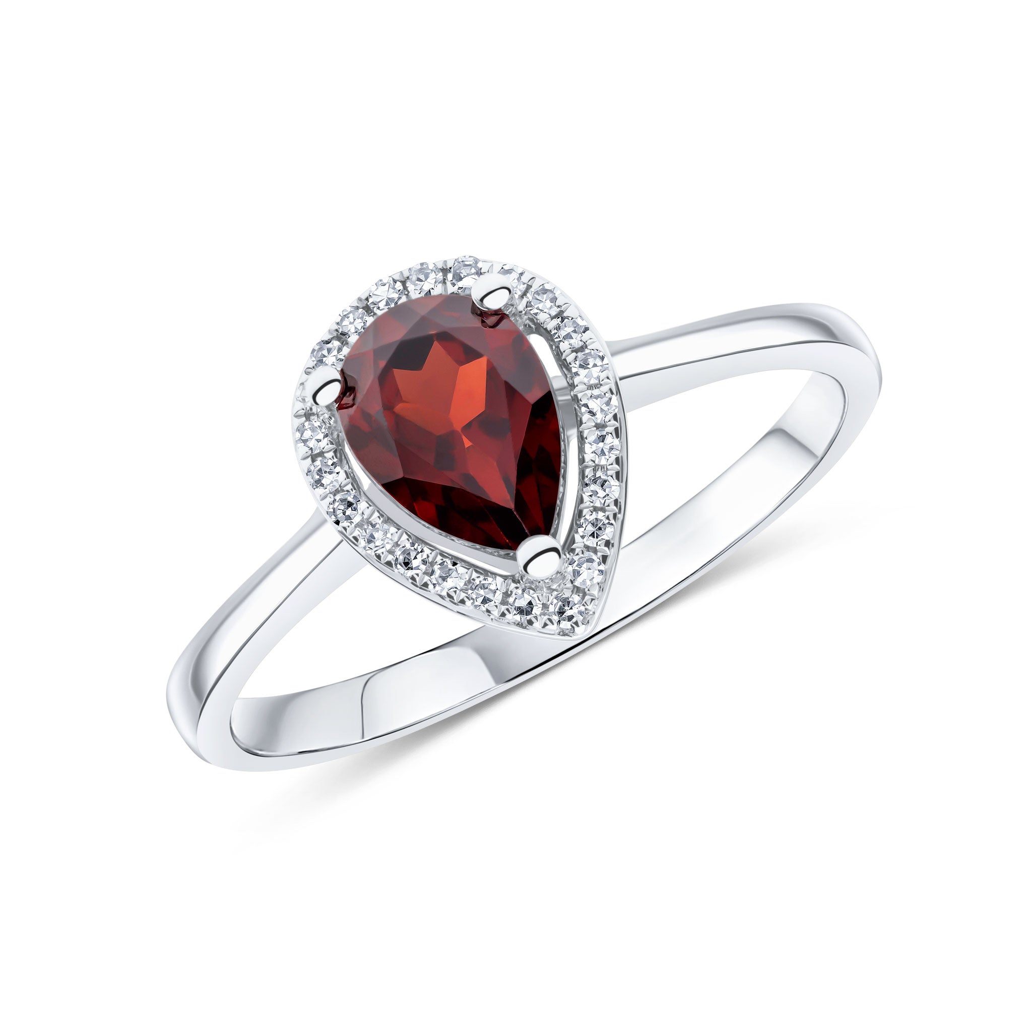 9ct White Gold 7x5 Pear Shape Garnet & Round Diamond Claw Set Halo Cluster Ring