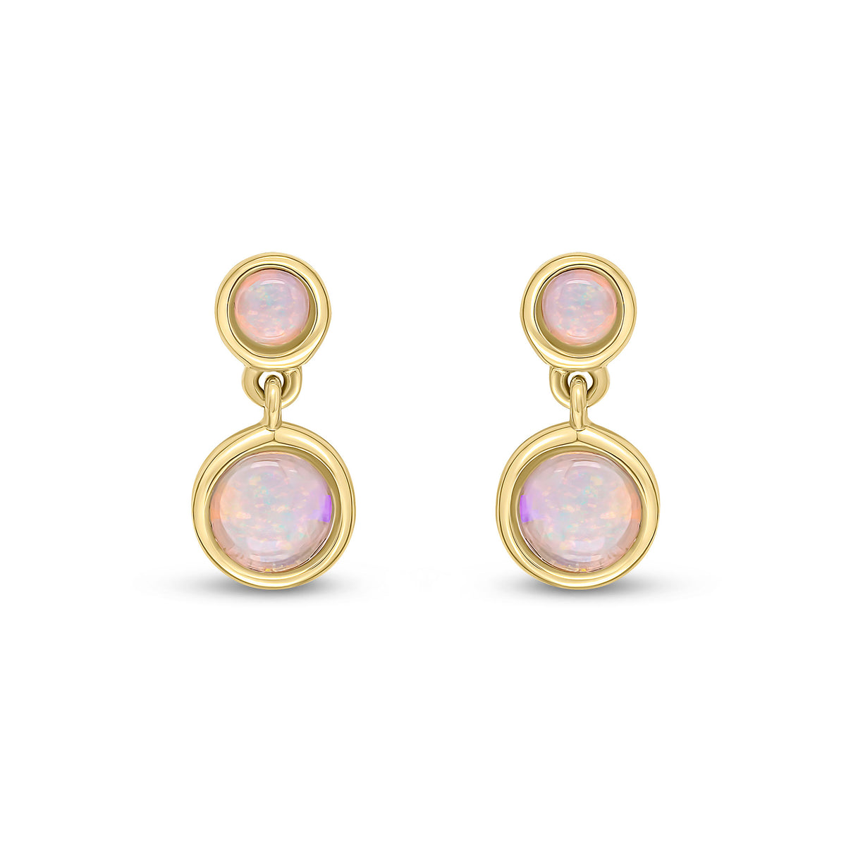 9ct Yellow Gold Round Opal Rubover 2 Stone Drop Earrings