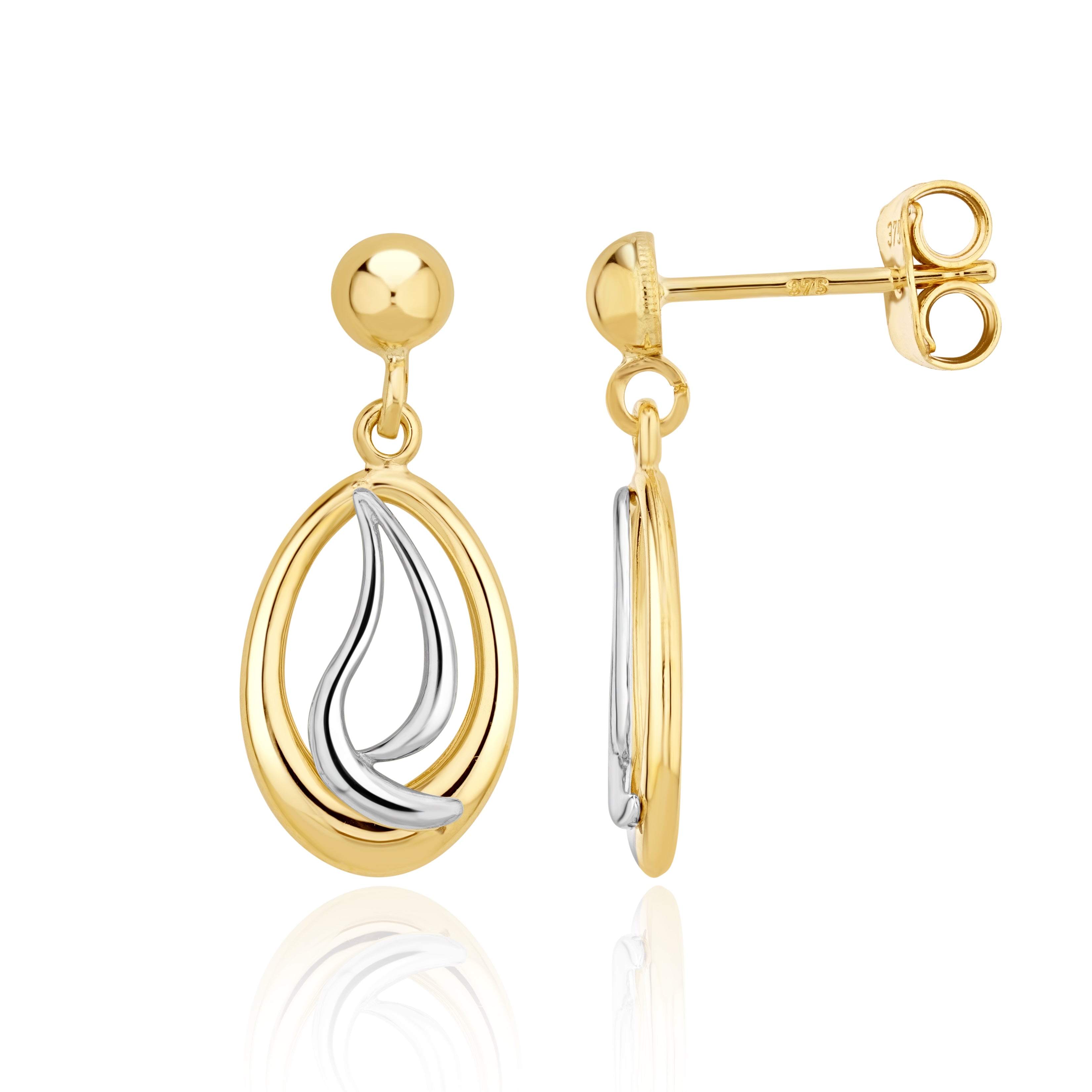 9ct Yellow And White Gold Open Oval & Squiggle Drop Earrings With 4