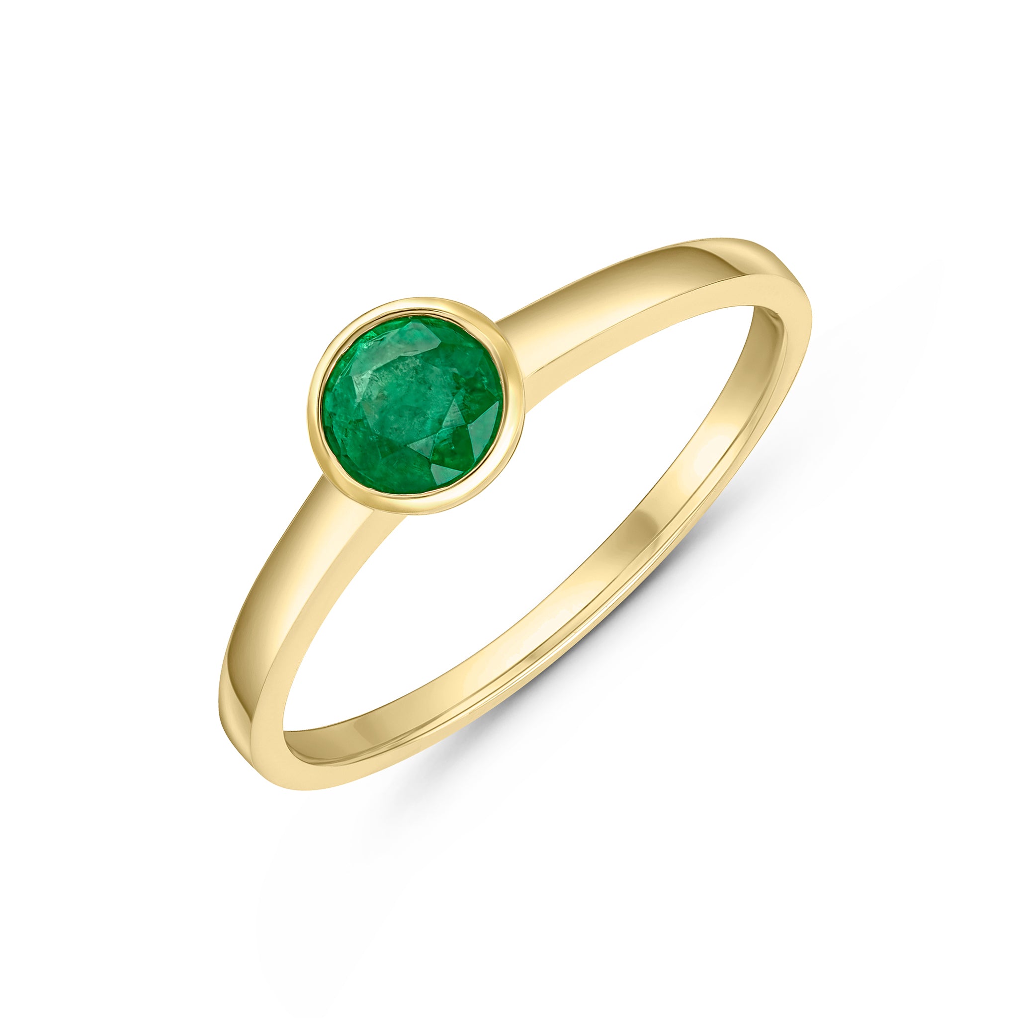 9ct Yellow Gold 5mm Round Emerald Rubover Single Stone Ring