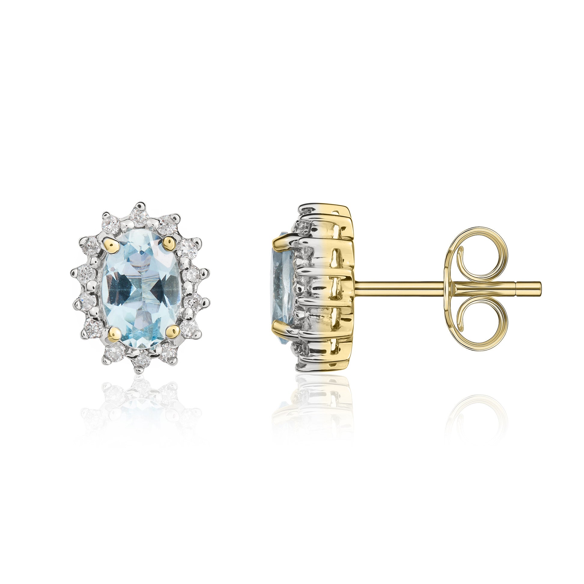 9ct Yellow Gold 6x4 Oval Aquamarine & Diamond Claw Set Cluster Earrings Rhodium to Diamonds