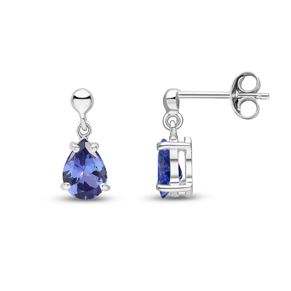 9ct White Gold 7x5 Pear Shape Tanzanite Claw Set Drop Earrings with Bead Top