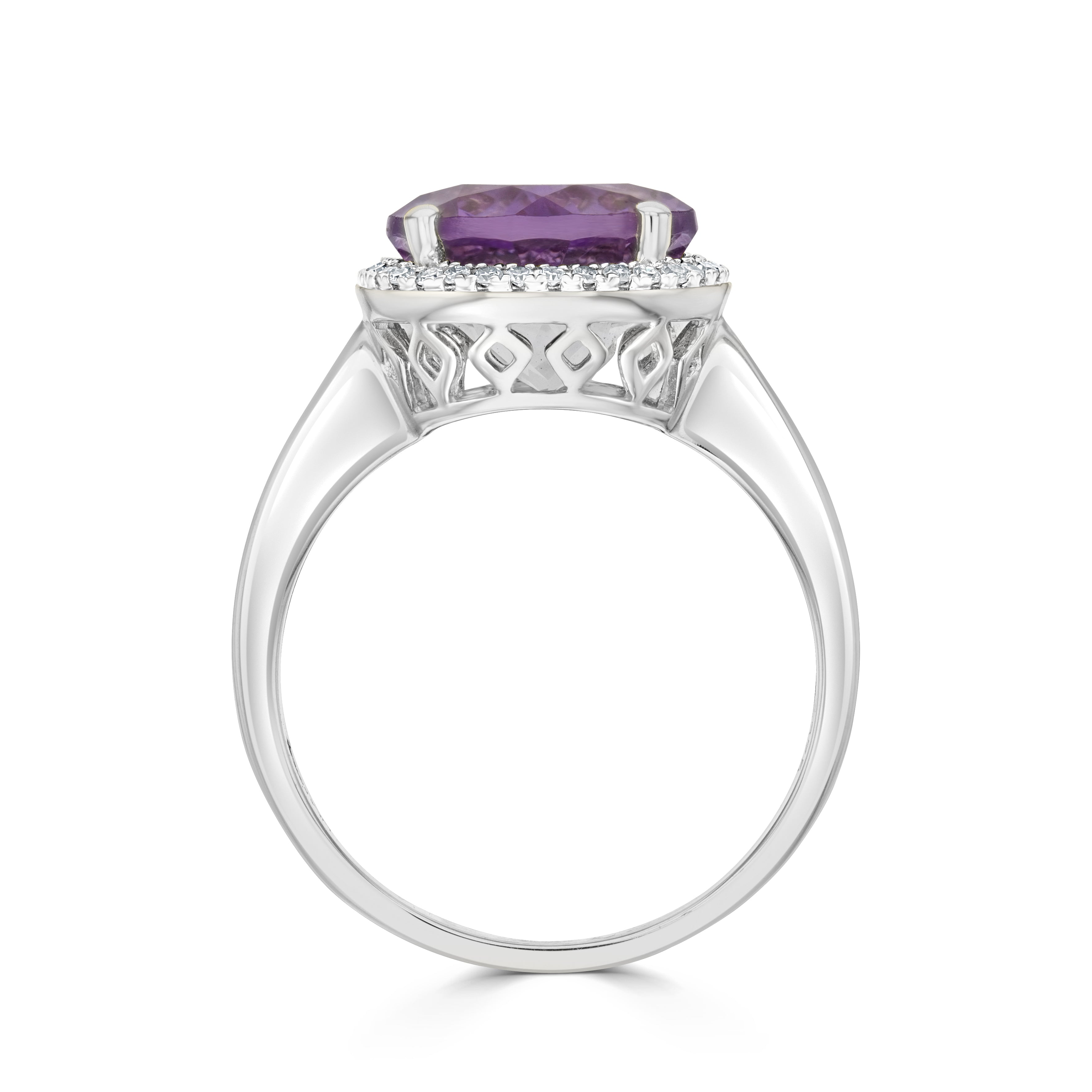 9CT WHITE GOLD 10MM ROUND AMETHYST AND DIAMOND CLAW CLUSTER RING 1