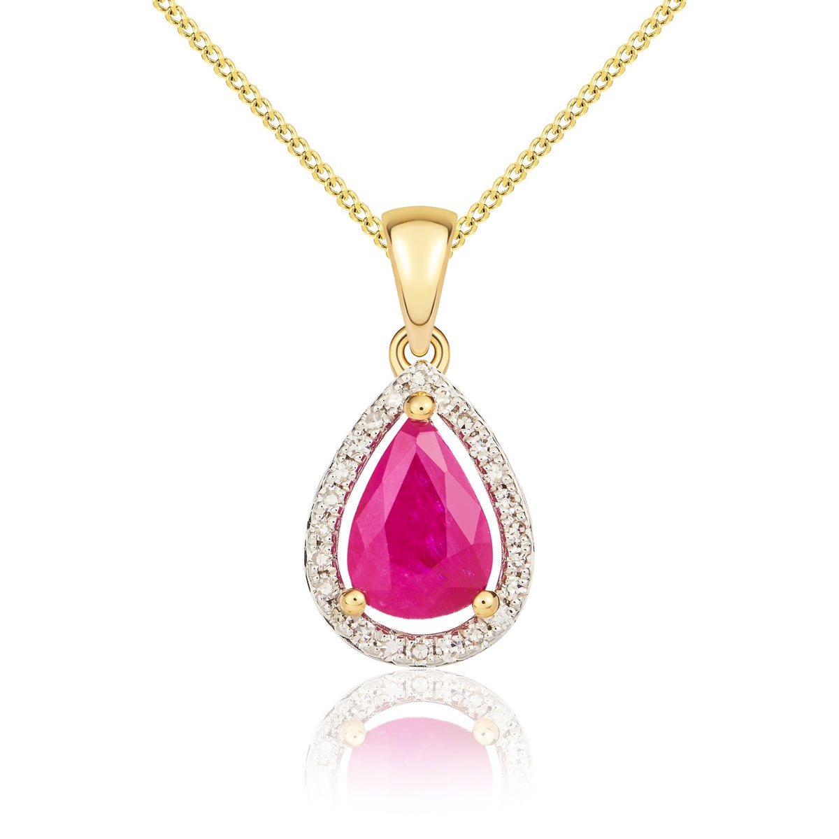 9ct Yellow Gold 7x5 Pear Shape Ruby & Diamond Halo Claw Cluster Pendant Rhodium to Diamonds