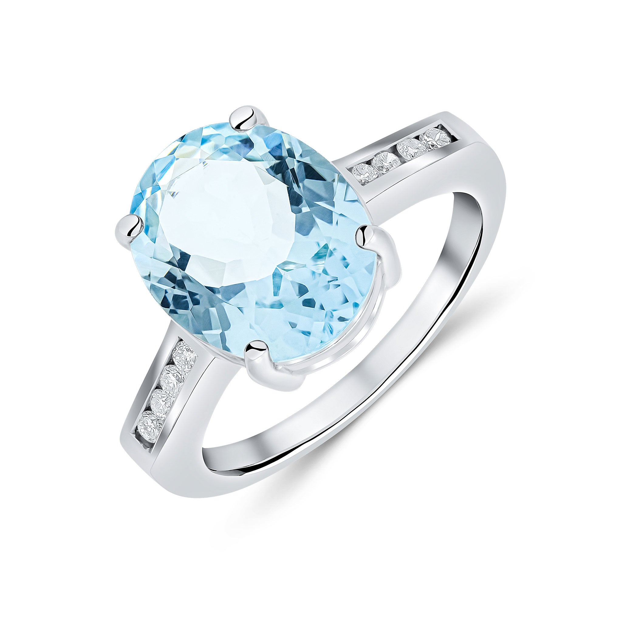 9ct White Gold 12x10mm Claw Set Oval Aquamarine Single Stone Ring with Channel Set Diamond Shoulders