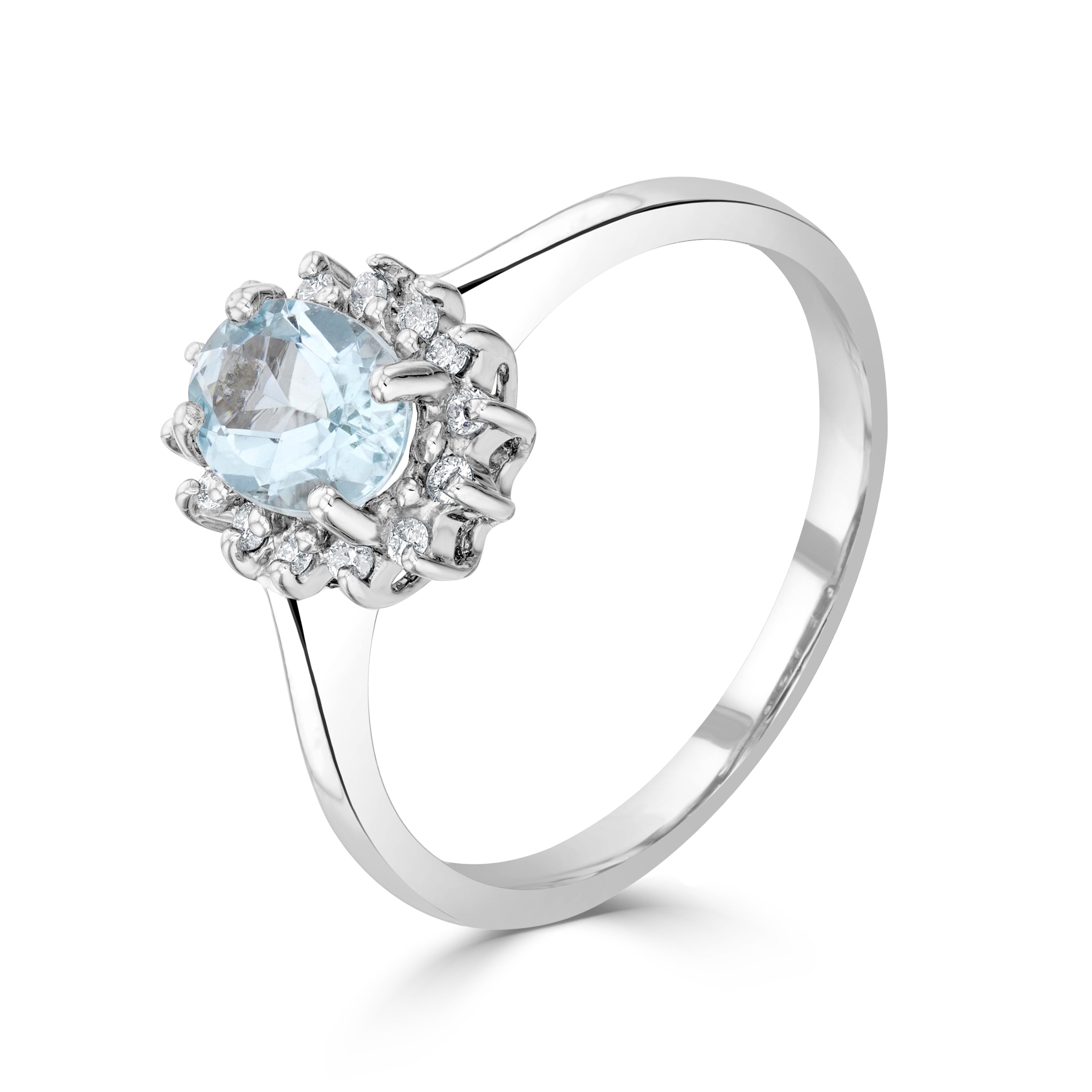 9ct White Gold 7x5 Oval Aquamarine & Diamond Claw Set Cluster Ring