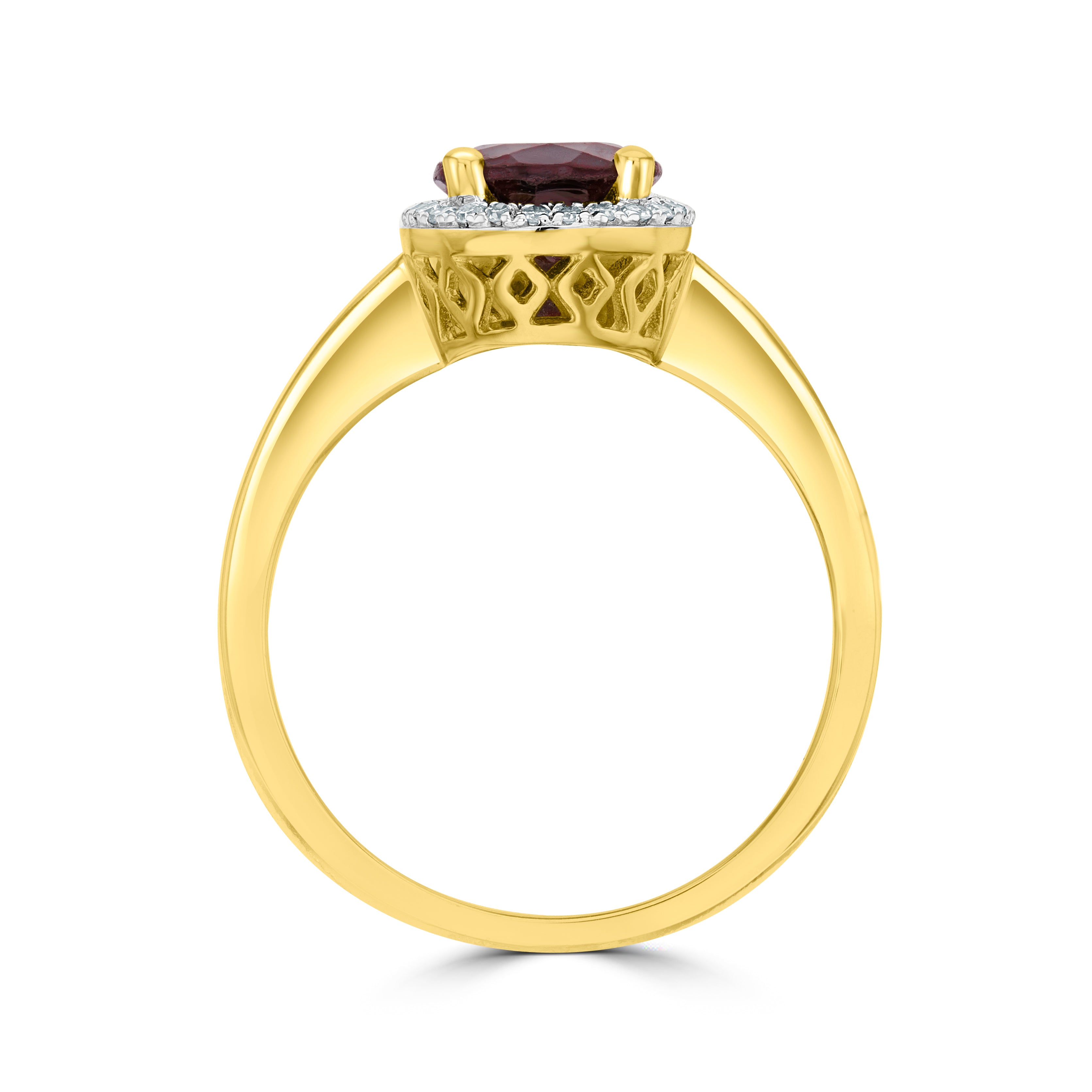 9CT YG 9X7MM OVAL GARNET & DIAMOND CLAW SET CLUSTER RING. RHODIUM TO DIAMONDS 1