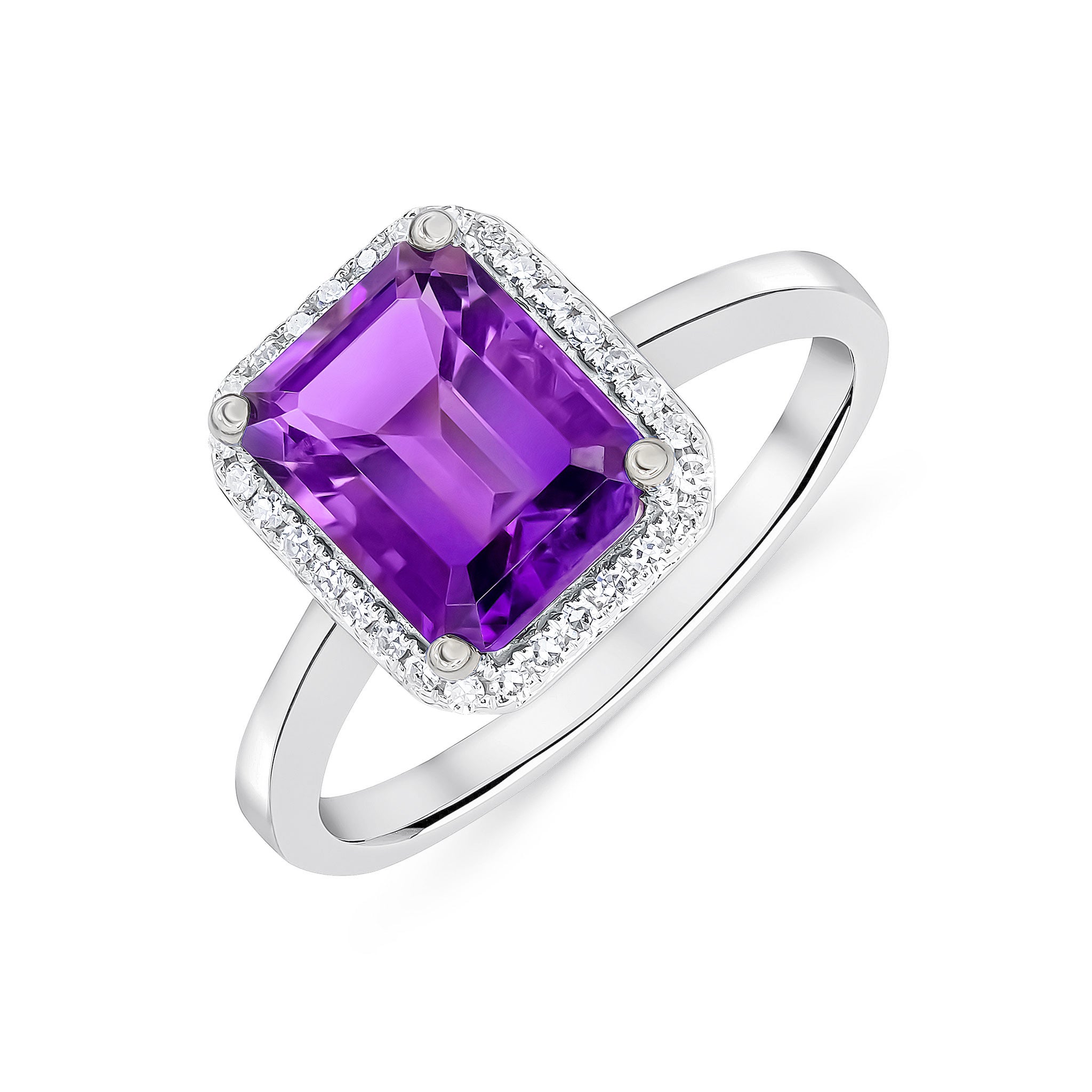9CT WG 9X7 OCTAGON AMETHYST & DIAMOND CLAW SET CLUSTER RING 1