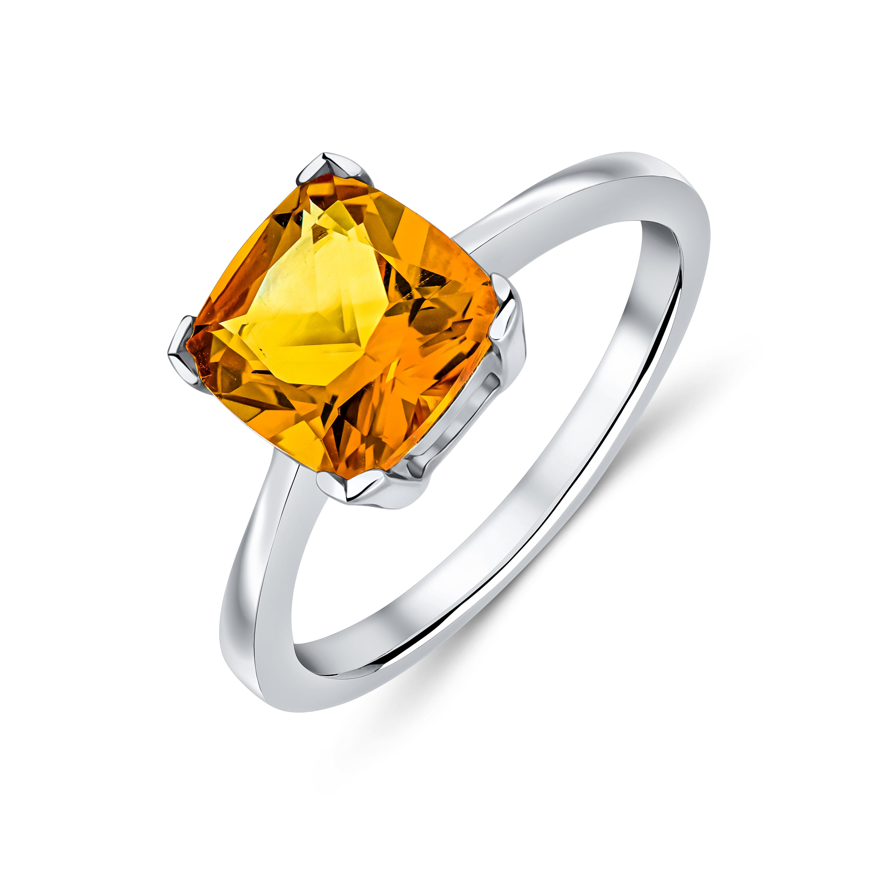 9ct White Gold 8mm Cushion Citrine Claw Set Single Stone Ring