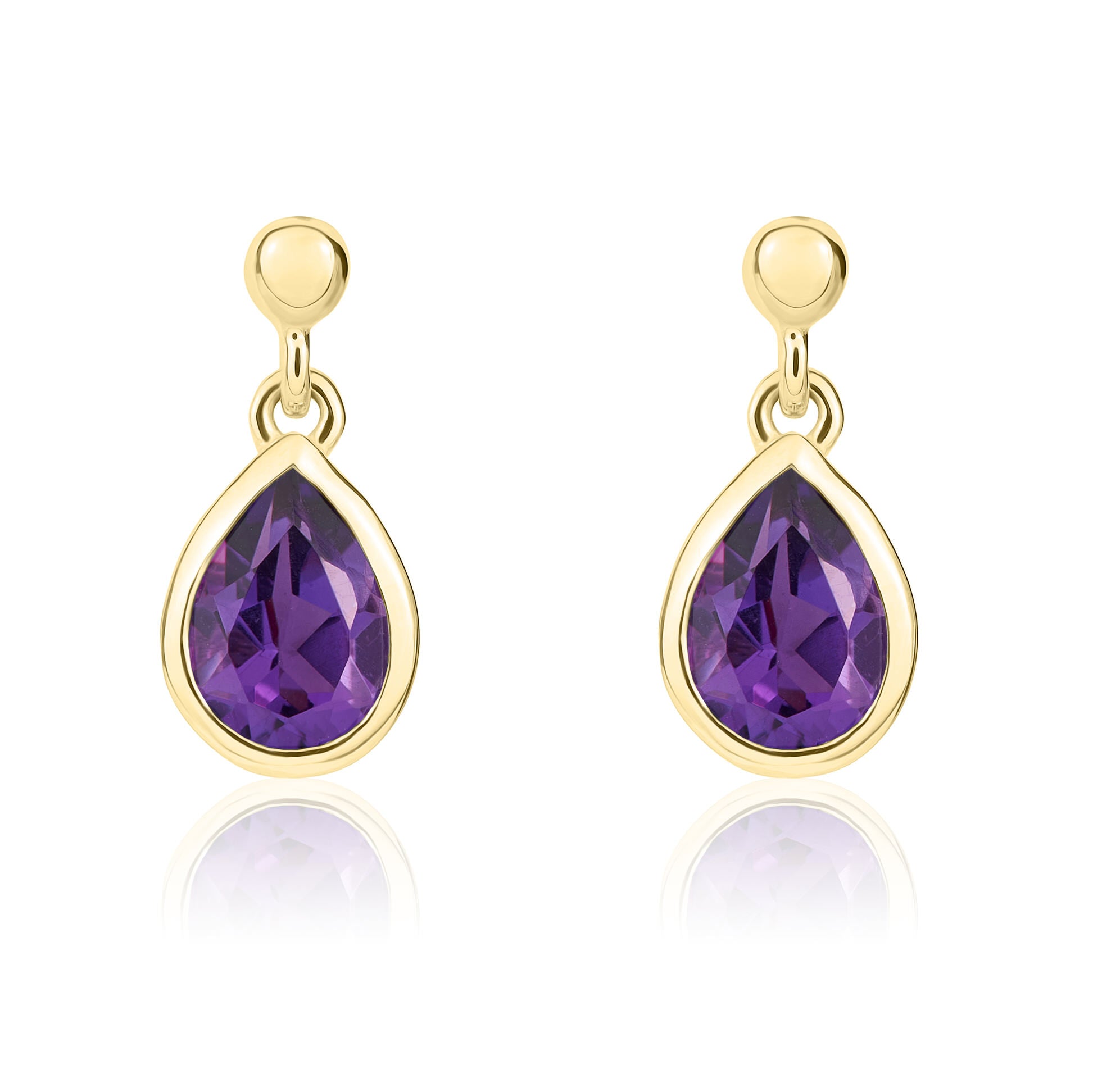 9ct Yellow Gold 6x4mm Pear Shape Amethyst Rubover Drop Earrings with 2.5mm Bead Top