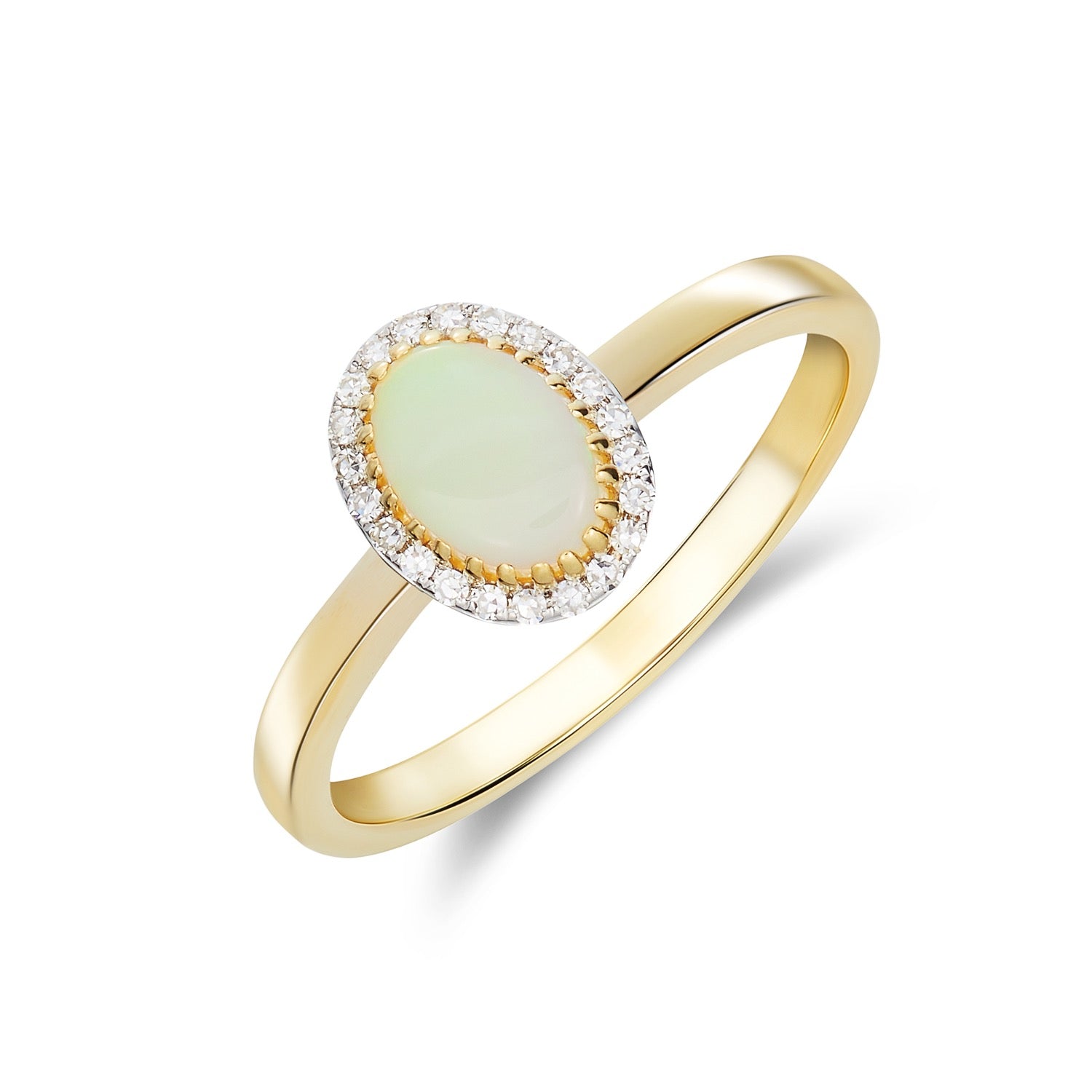 9CT YELLOW GOLD 7X5 OVAL OPAL AND ROUND DIAMOND CLAW SET CLUSTER RING. RHODIUM TO DIAMONDS 1